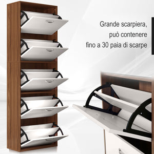 EasyComfort Scarpiera Slim a 5 Livelli con 2 Ripiani per Livello, in MDF, 60x28x189 cm, Bianco e Marrone