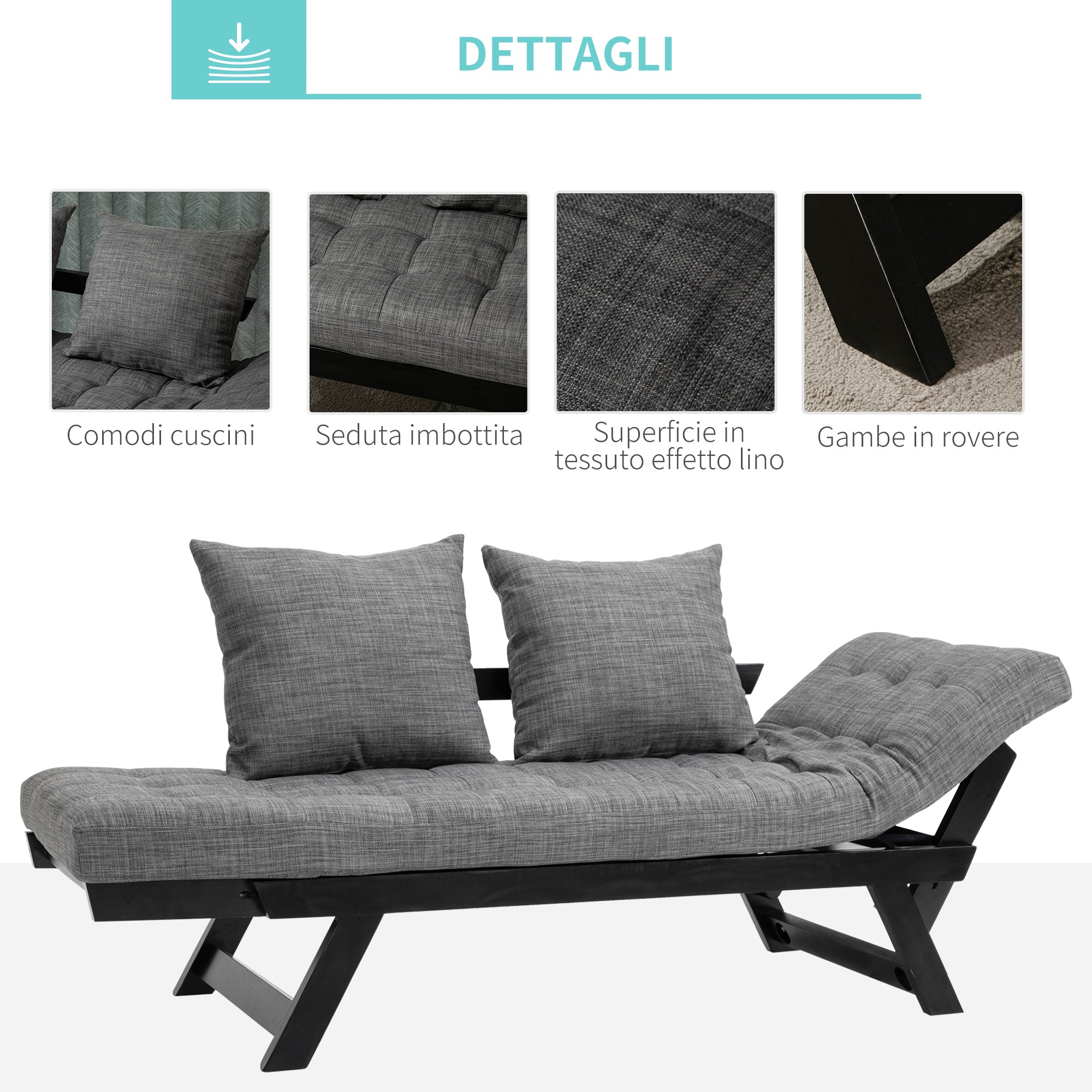 EasyComfort Divano Letto Singolo con Braccioli Regolabili su 3 Posizioni in Tessuto e Legno, Nero e Grigio