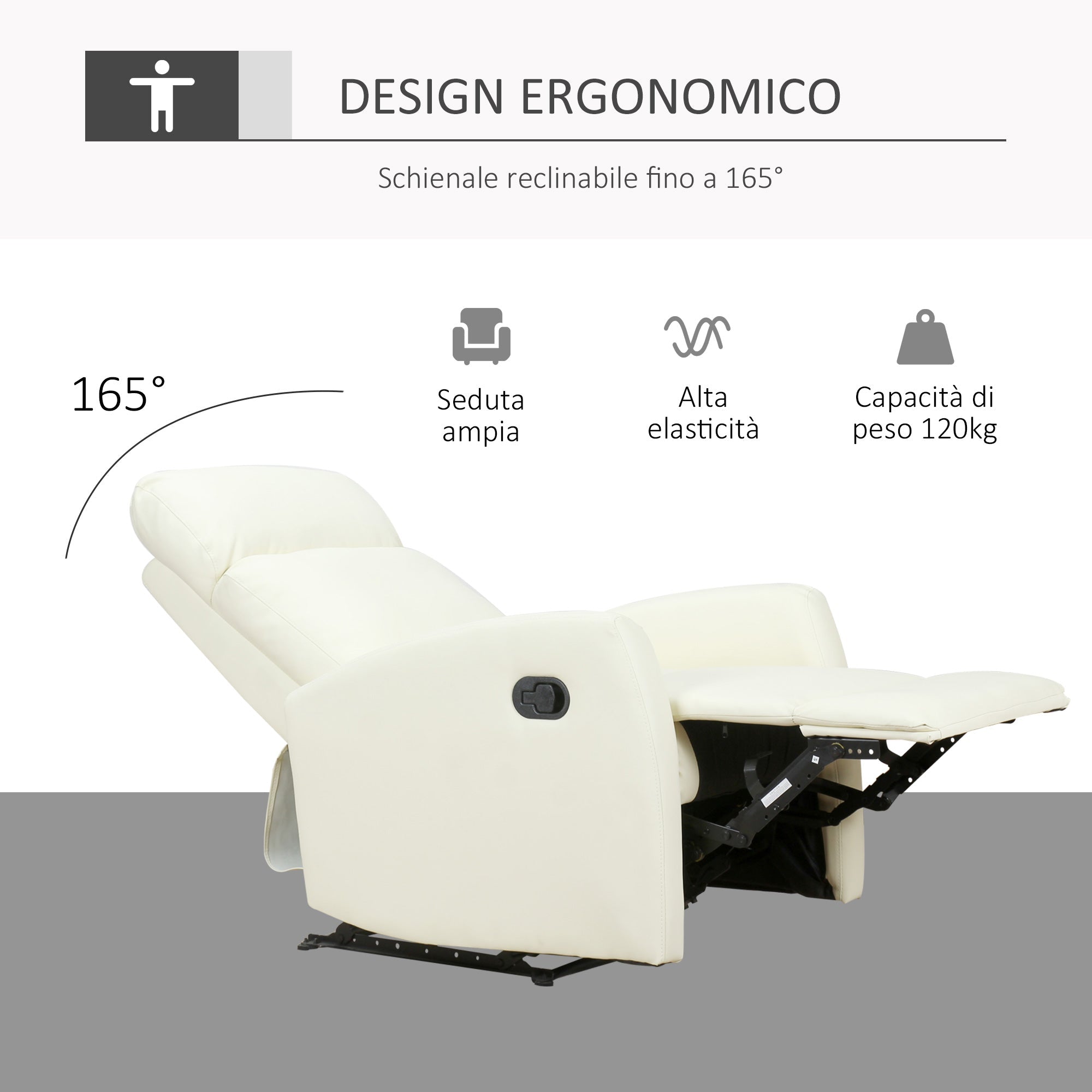 Poltrona Relax Reclinabile Ergonomica in Similpelle 65x92x100 cm Crema