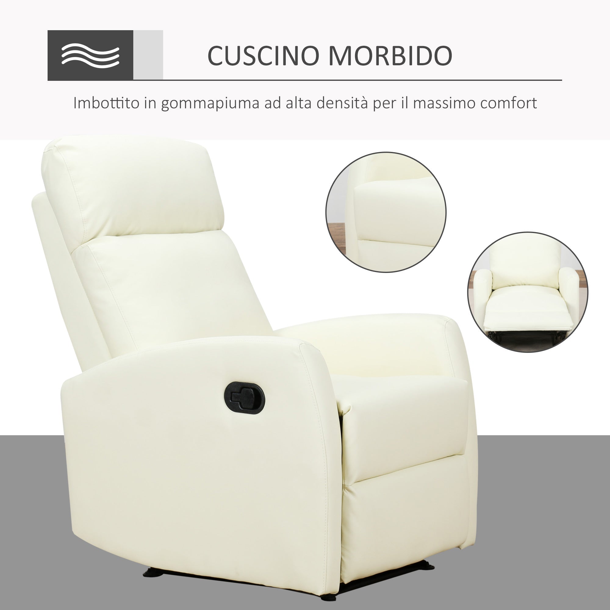 Poltrona Relax Reclinabile Ergonomica in Similpelle 65x92x100 cm Crema