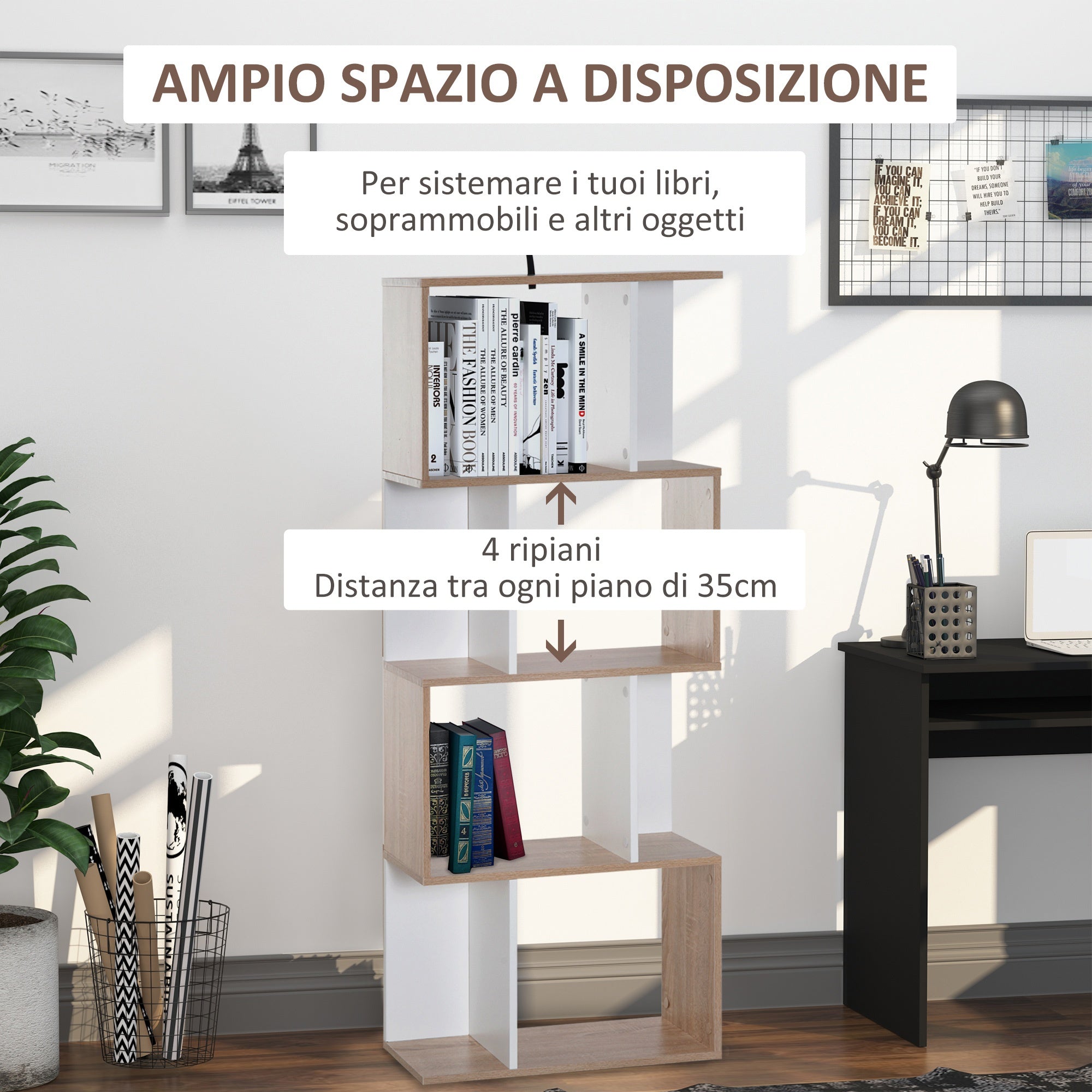 Libreria di Design Moderno 4 ripiani Legno Naturale e Bianco 60x24x148 cm