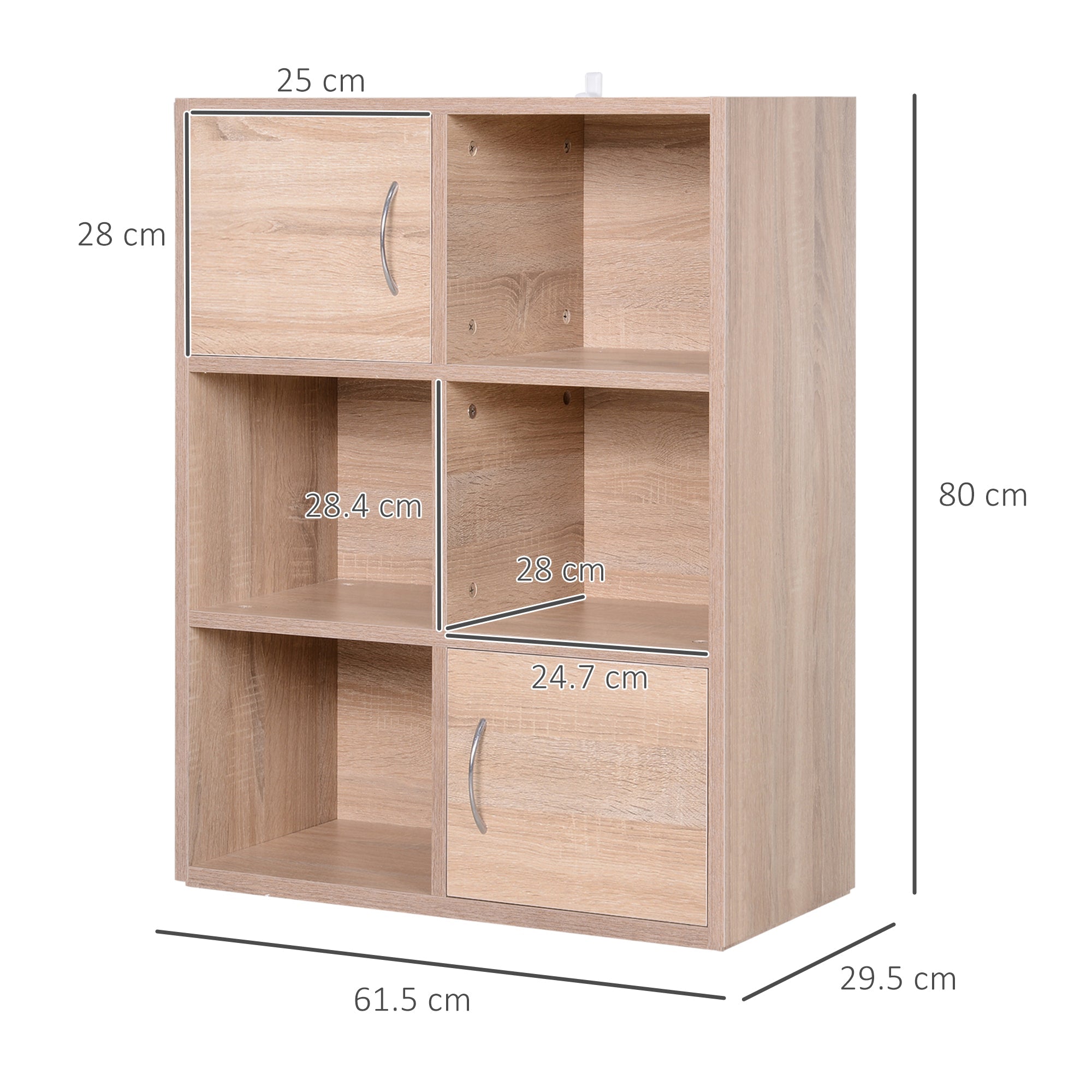 Libreria Scaffale in Legno a 3 Ripiani con 4 Scompartimenti e 2 ante Legno Naturale 61.5x29.5x80 cm