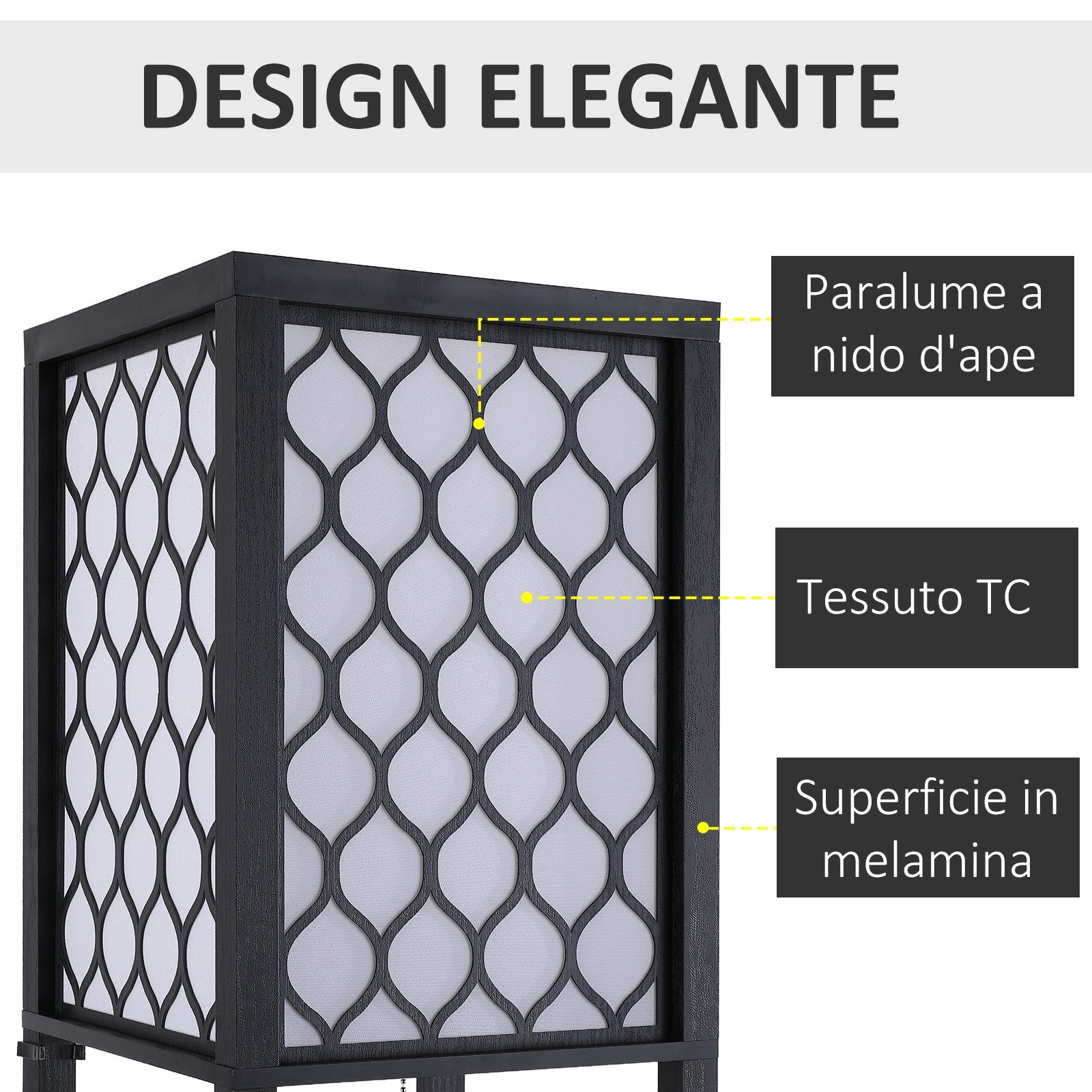 Scaffale Soggiorno in MDF con Lampada 40W Rete Nero Bianco 26x26x160 cm