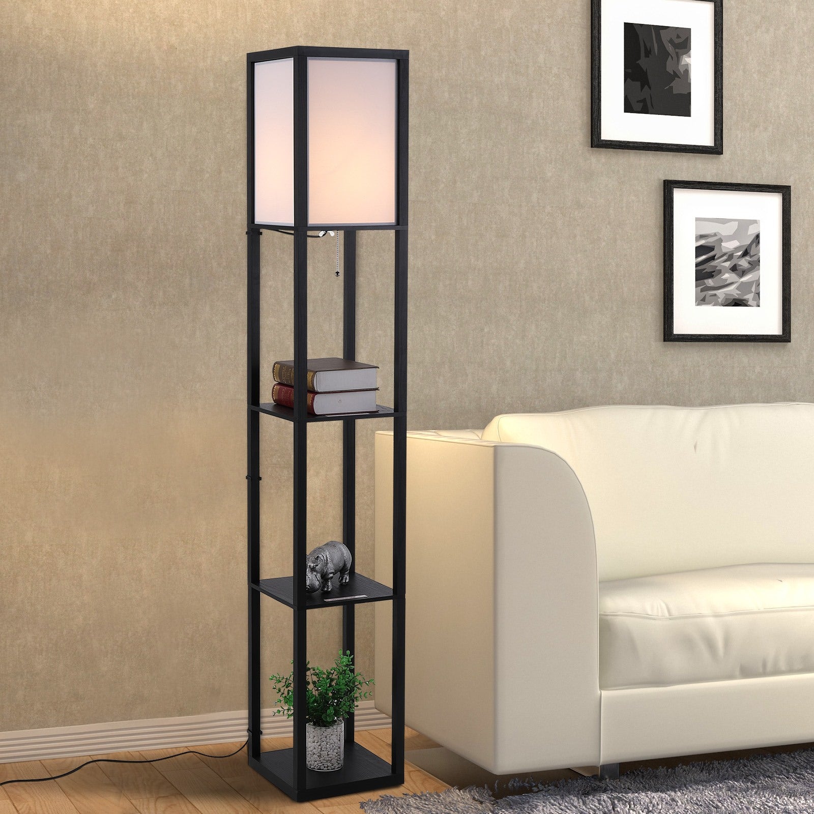 Easycomfort Lampada da Terra Moderna, Lampadina Illuminazione Interna Salvaspazio con Ripiani da Soggiorno Cotone, MDF 26 x 26 x 160 cm Nero e Bianco