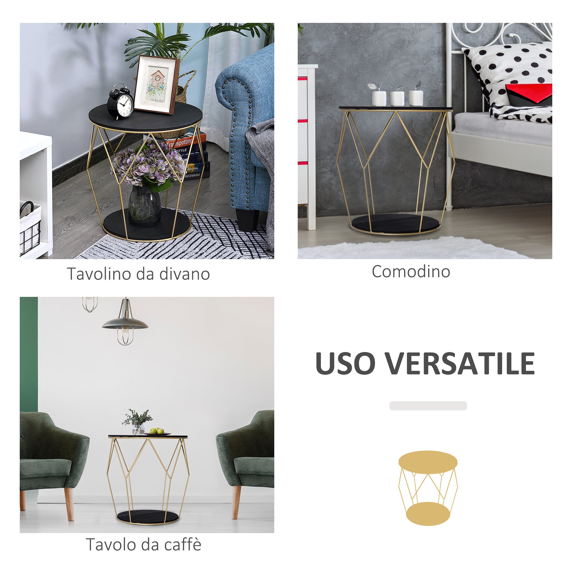 EasyComfort Tavolino da Caffè dal Design Geometrico, Tavolino da Salotto Moderno in Metallo e MDF, Colori: Oro e Nero (Φ45x48cm)