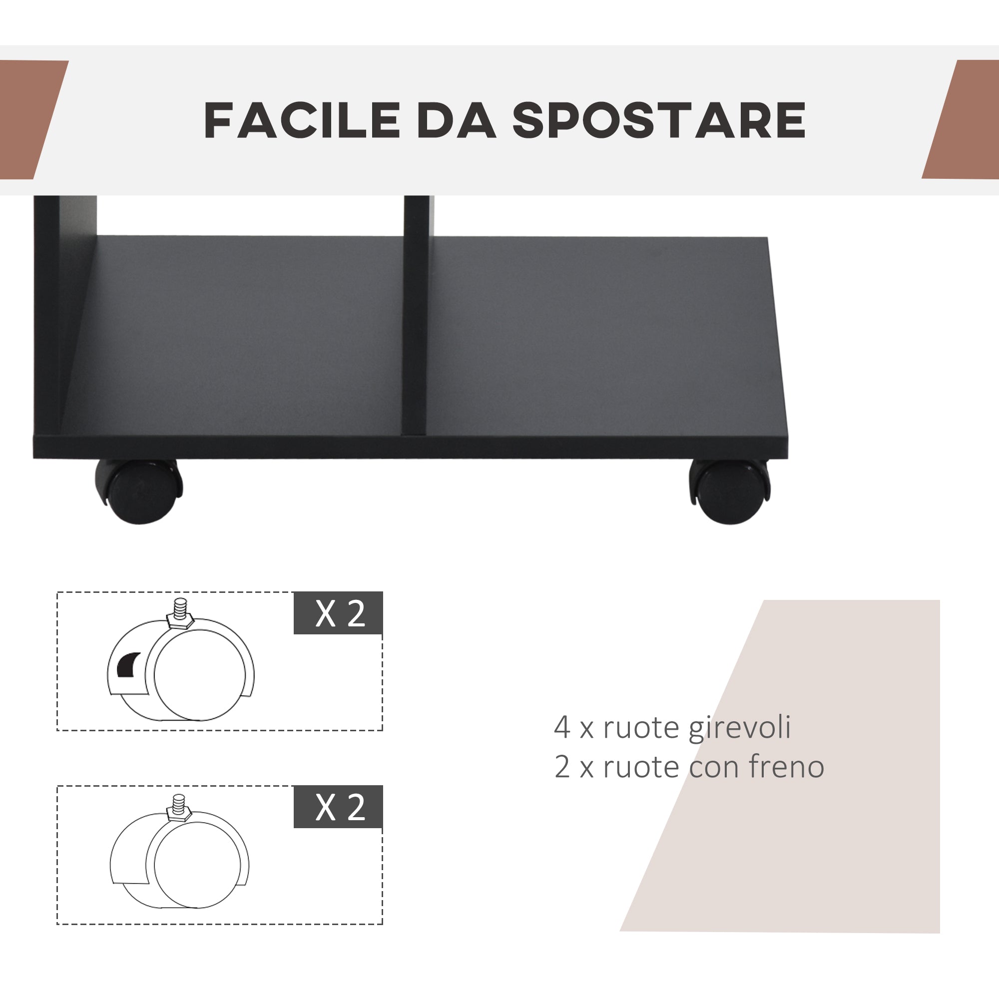 EASYCOMFORT  Tavolino da Salotto a C con 2 Ripiani Aperti e 4 Ruote Girevoli, 45x35x58 cm, Nero