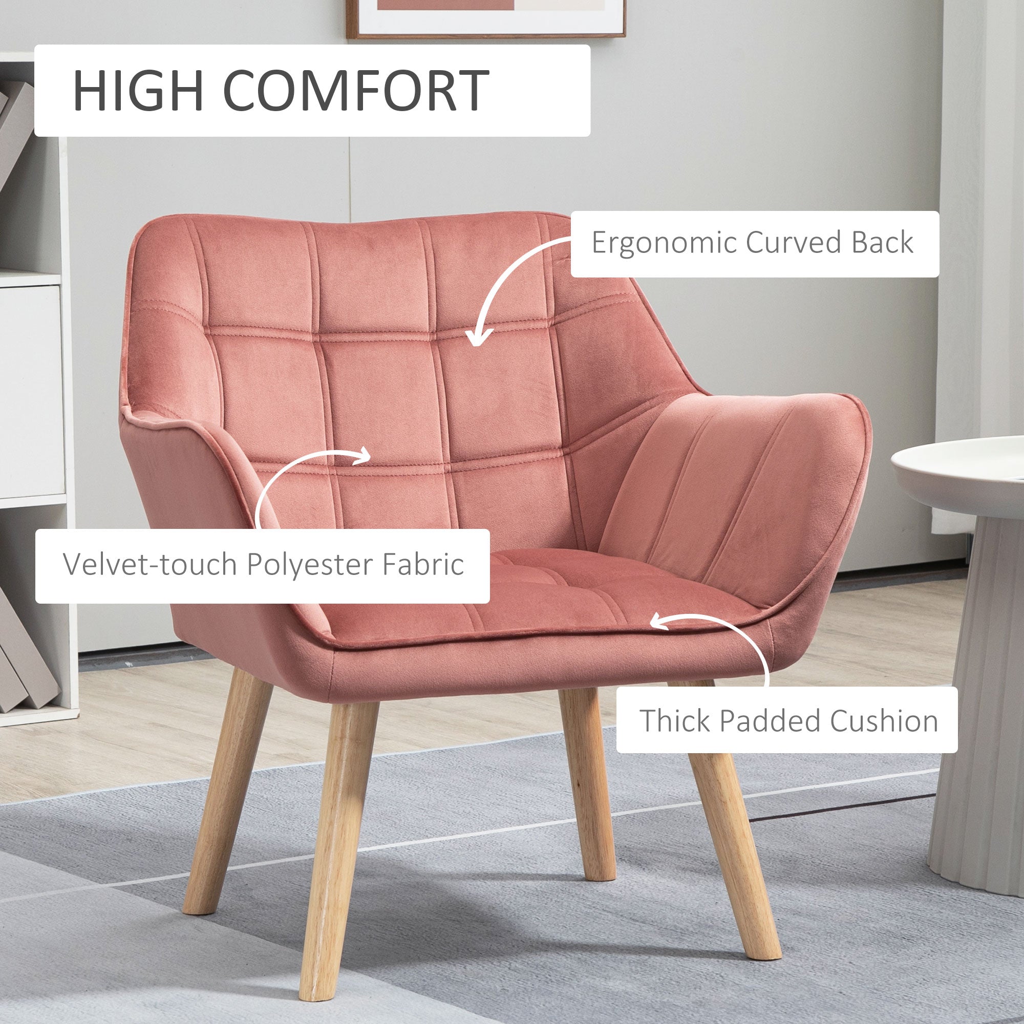 EASYCOMFORT  Poltroncina Stile Nordico in Legno ed Effetto Velluto Rosa per Soggiorno o Ufficio, 68.5x61x72.5 cm