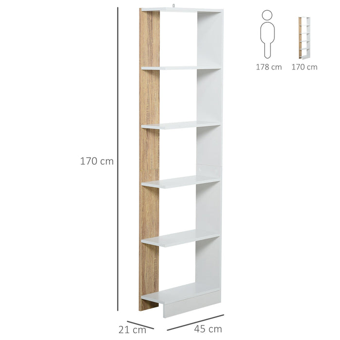 Libreria 5 Ripiani 45x21x170 cm  Bianco e Rovere