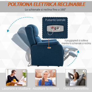 EASYCOMFORT Poltrona Relax Elettrica con Schienale Reclinabile 160°, Poggiapiedi e Porta USB, Lino Blu