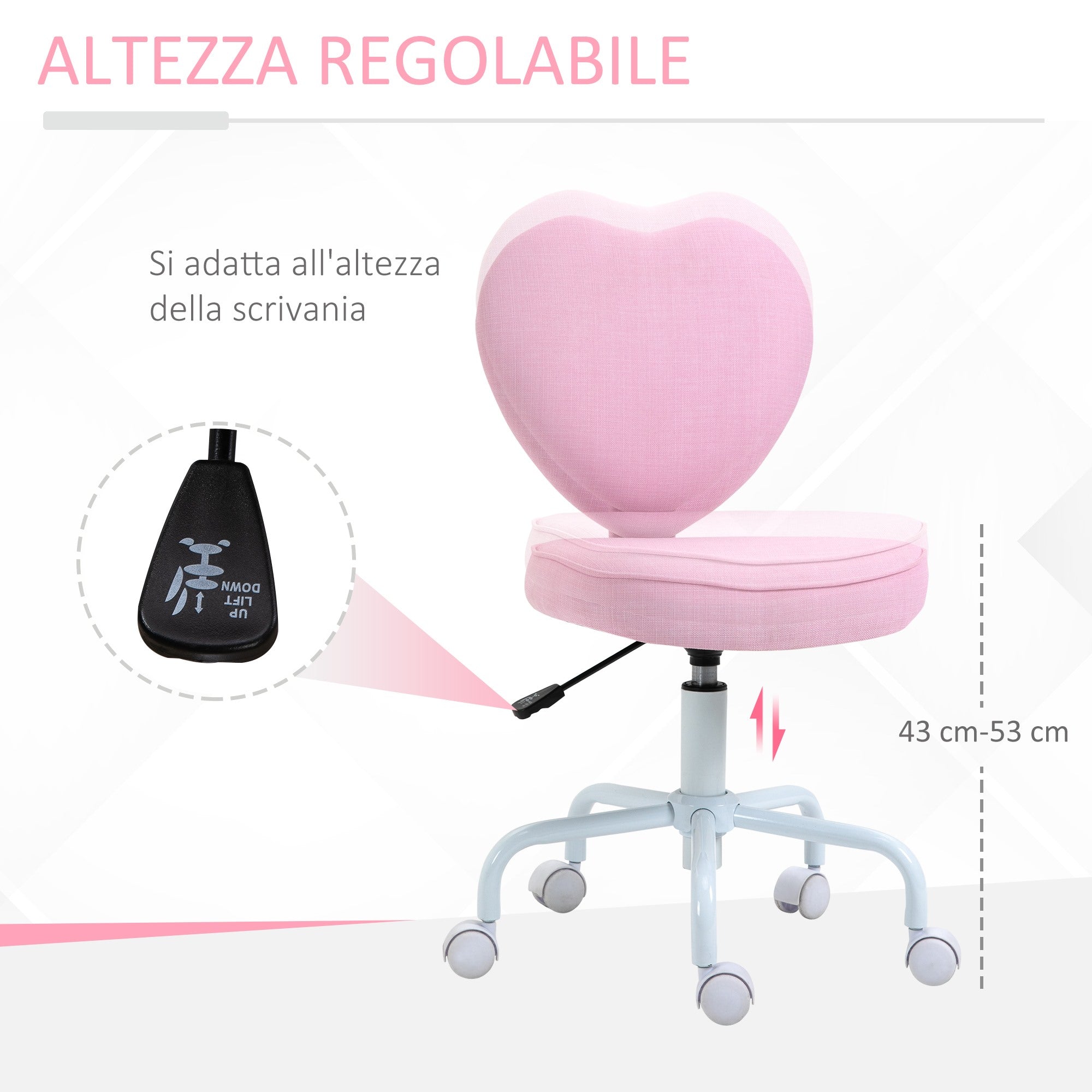 EasyComfort Sedia per Scrivania a Forma di Cuore con 5 Rotelle e Altezza Regolabile in Tessuto Rosa, 40x50x79-89cm