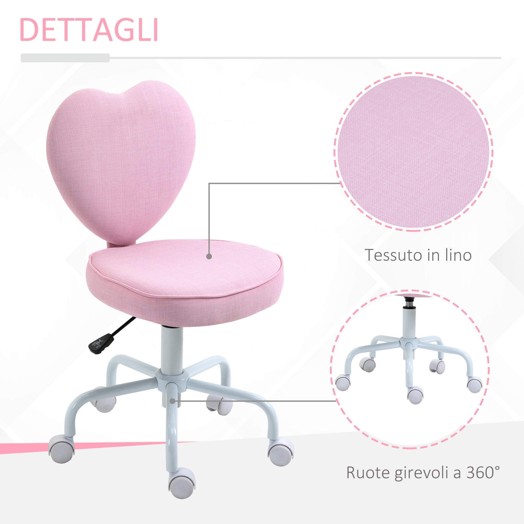 EasyComfort Sedia per Scrivania a Forma di Cuore con 5 Rotelle e Altezza Regolabile in Tessuto Rosa, 40x50x79-89cm