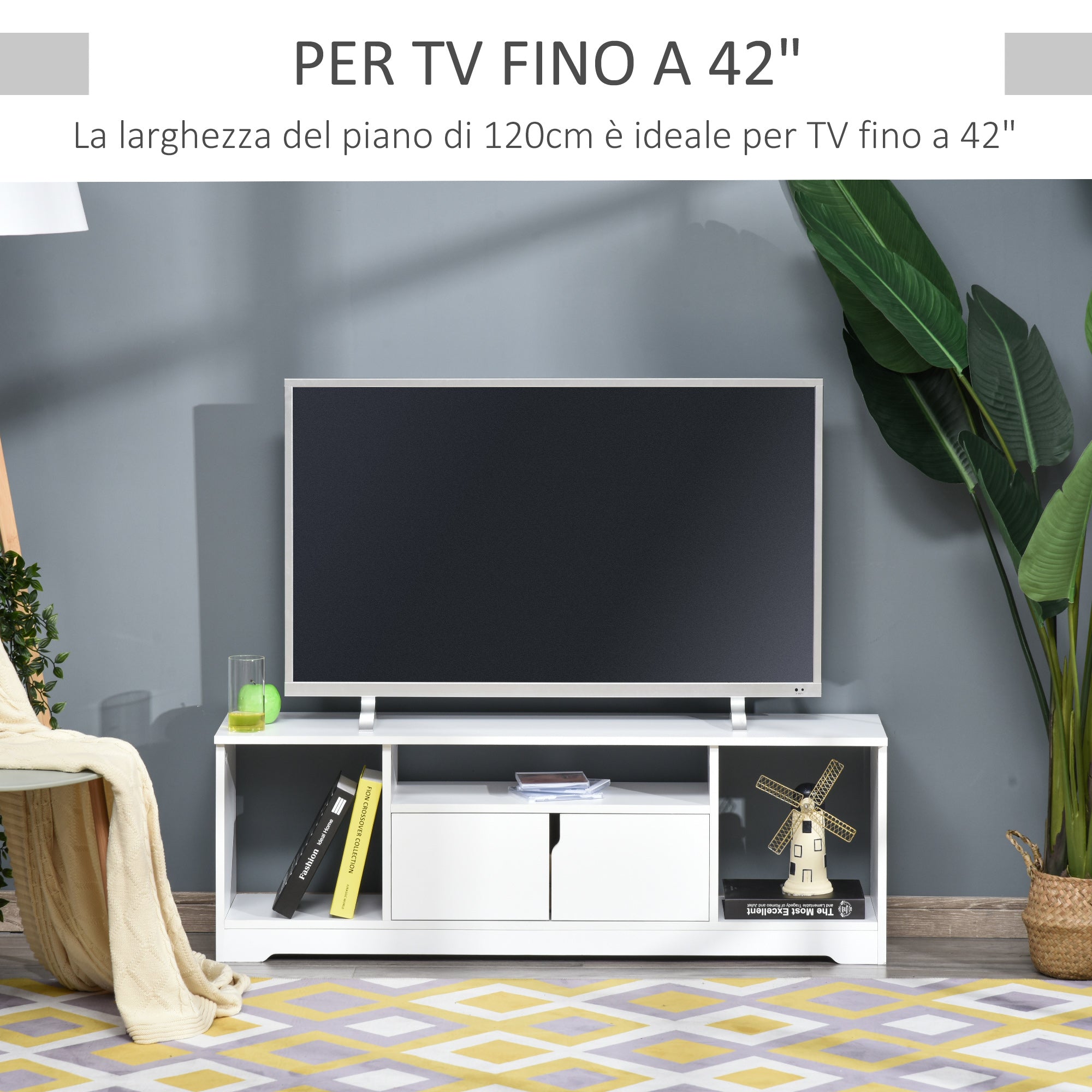 EASYCOMFORT  Mobile Porta TV Fino a 42" con Armadietto e Ripiani Aperti in Legno, 120x30x41cm