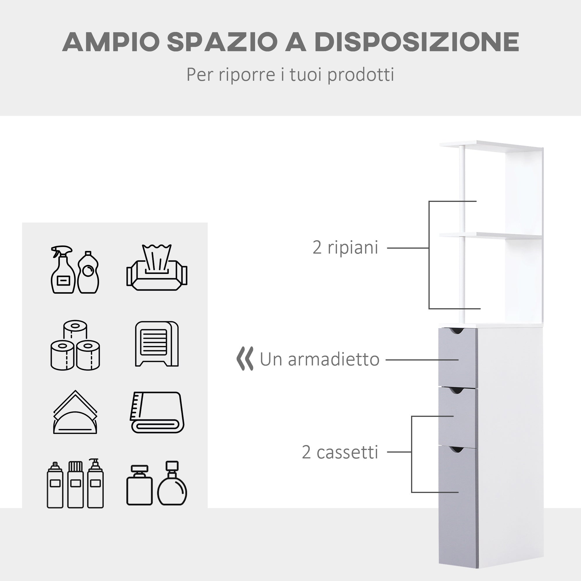 Easycomfort Mobiletto a Colonna Salvaspazio in Legno, Armadietto da Bagno con Ripiani e Armadietti, Bianco, 15x33x136.5cm