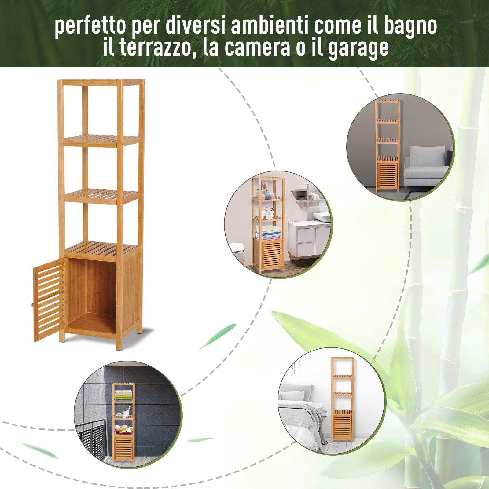 Easycomfort Mobile Alto Bagno/Terrazzo, Scaffale a Torre in Bambù 4 Ripiani + Armadietto con Anta, 36x33x140cm, Color Legno