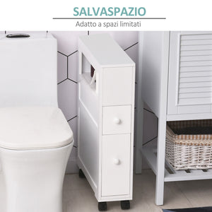 Easycomfort Mobiletto da Bagno 2 Cassetti Salvaspazio con 4 Ruote Legno 16x52x71.5cm Bianco