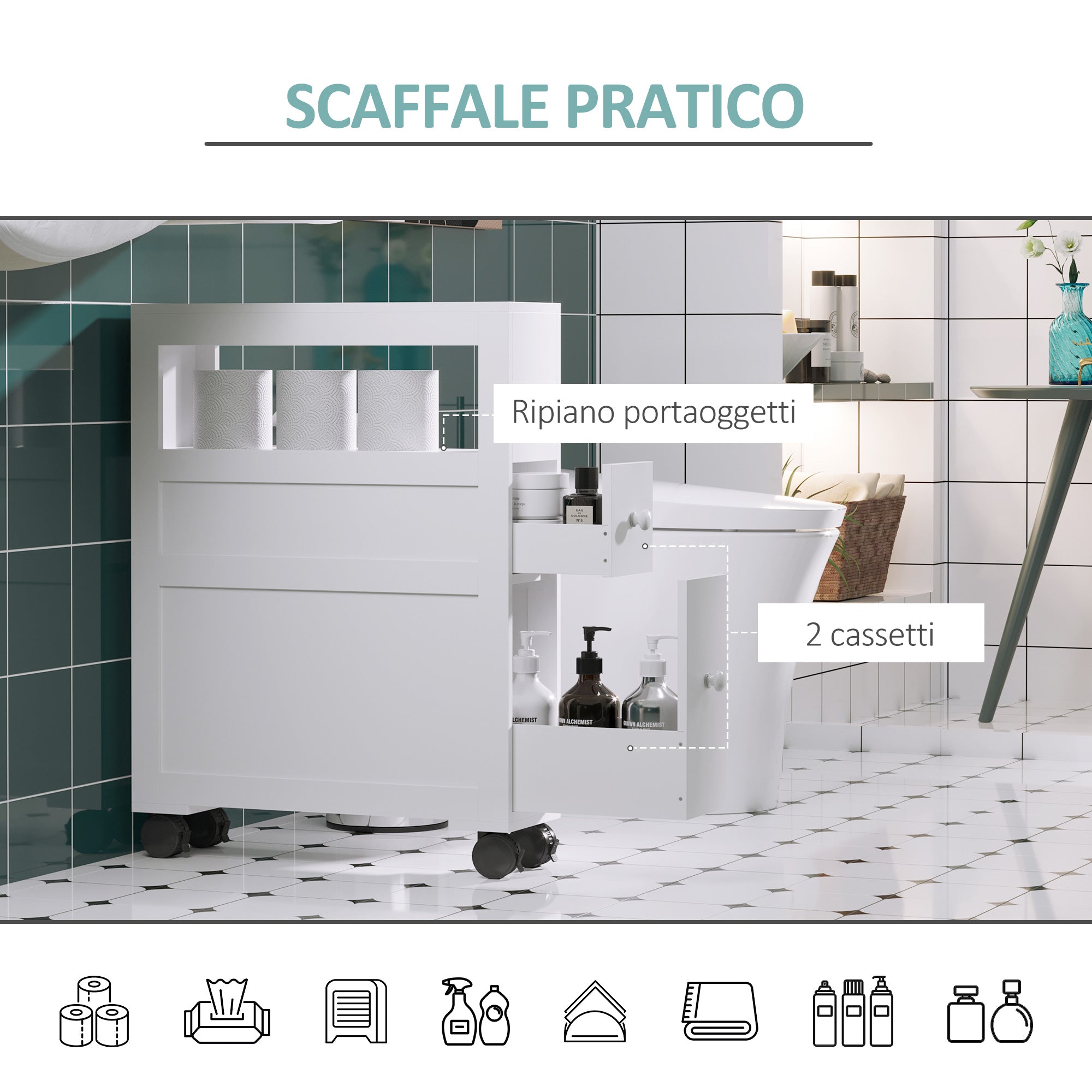 Easycomfort Mobiletto da Bagno 2 Cassetti Salvaspazio con 4 Ruote Legno 16x52x71.5cm Bianco