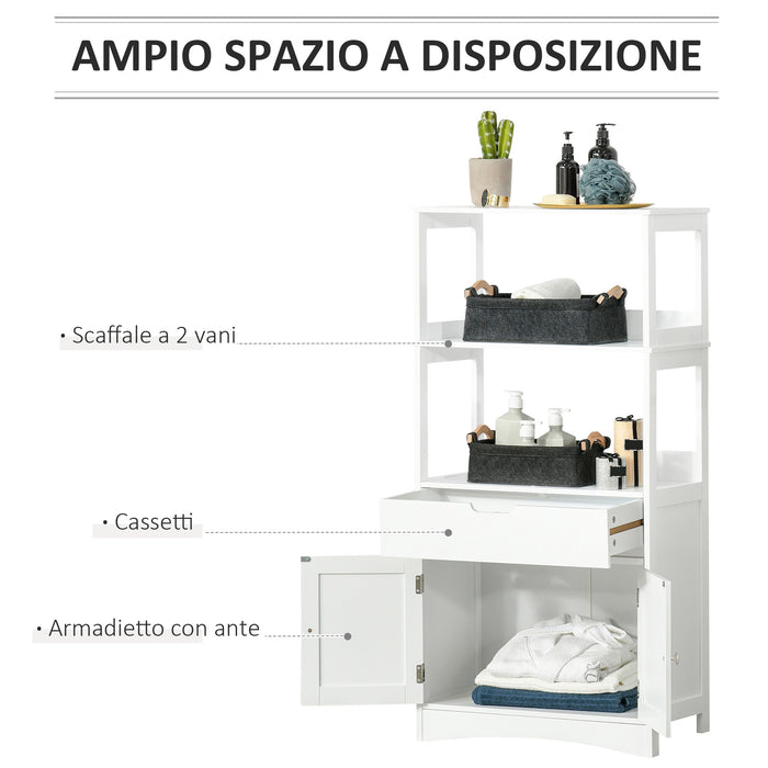 Easycomfort Mobile Bagno con Mensole, Armadietto e Cassetto, Mobiletto Multiuso in Legno, Bianco, 60x33x122.5cm