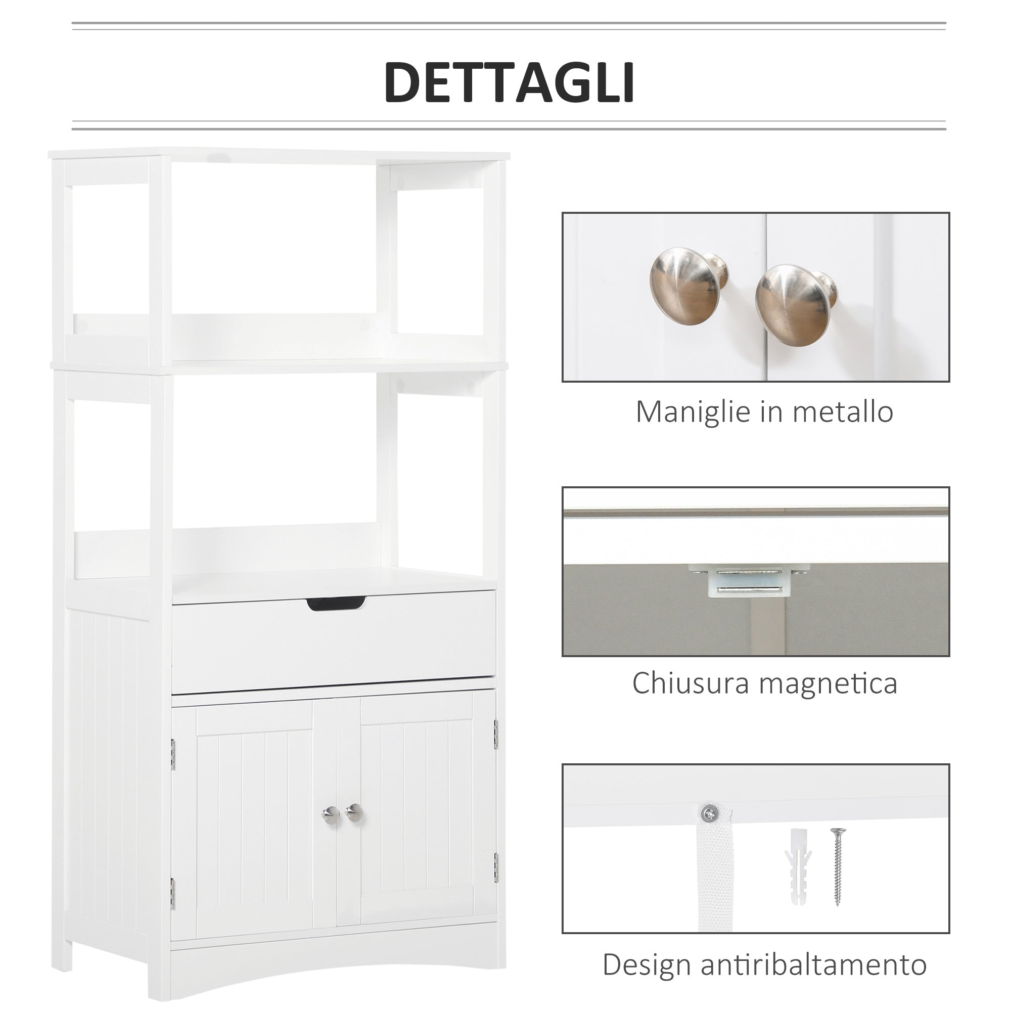 Easycomfort Mobile Bagno con Mensole, Armadietto e Cassetto, Mobiletto Multiuso in Legno, Bianco, 60x33x122.5cm