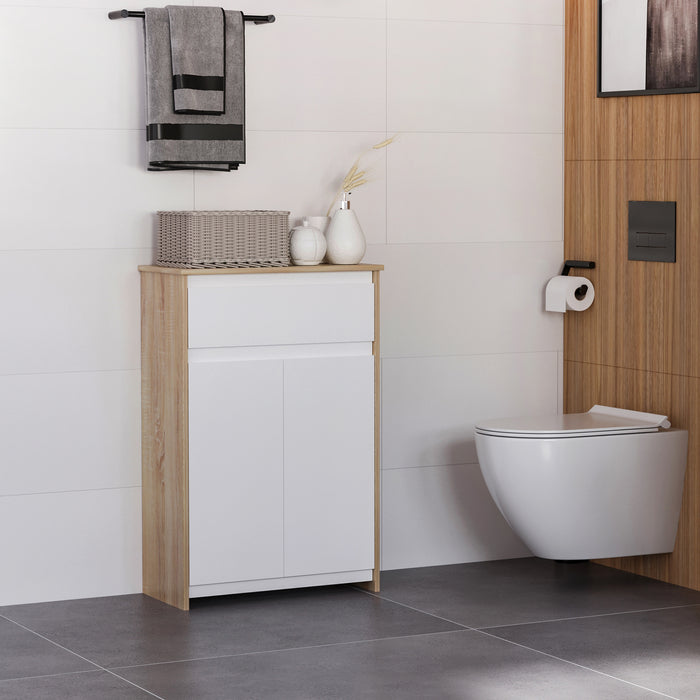 Easycomfort Mobile Bagno Multiuso, Mobiletto da Bagno con Armadietto e Cassetto, Salvaspazio, Color Legno e Bianco 60x30x90cm