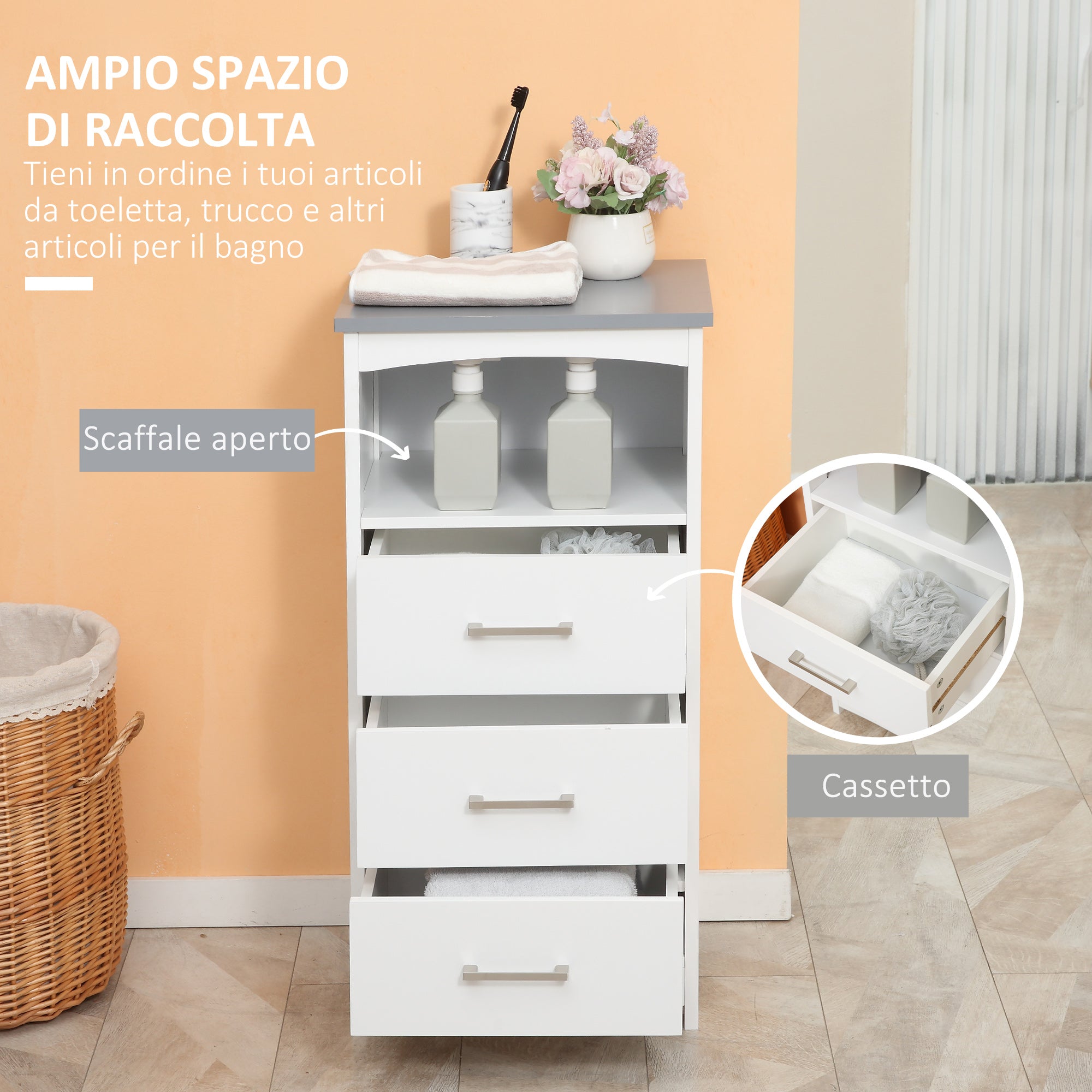 EasyComfort Mobiletto Bagno con Scaffale Aperto e 3 Cassetti in MDF, 40x33x80cm, Bianco