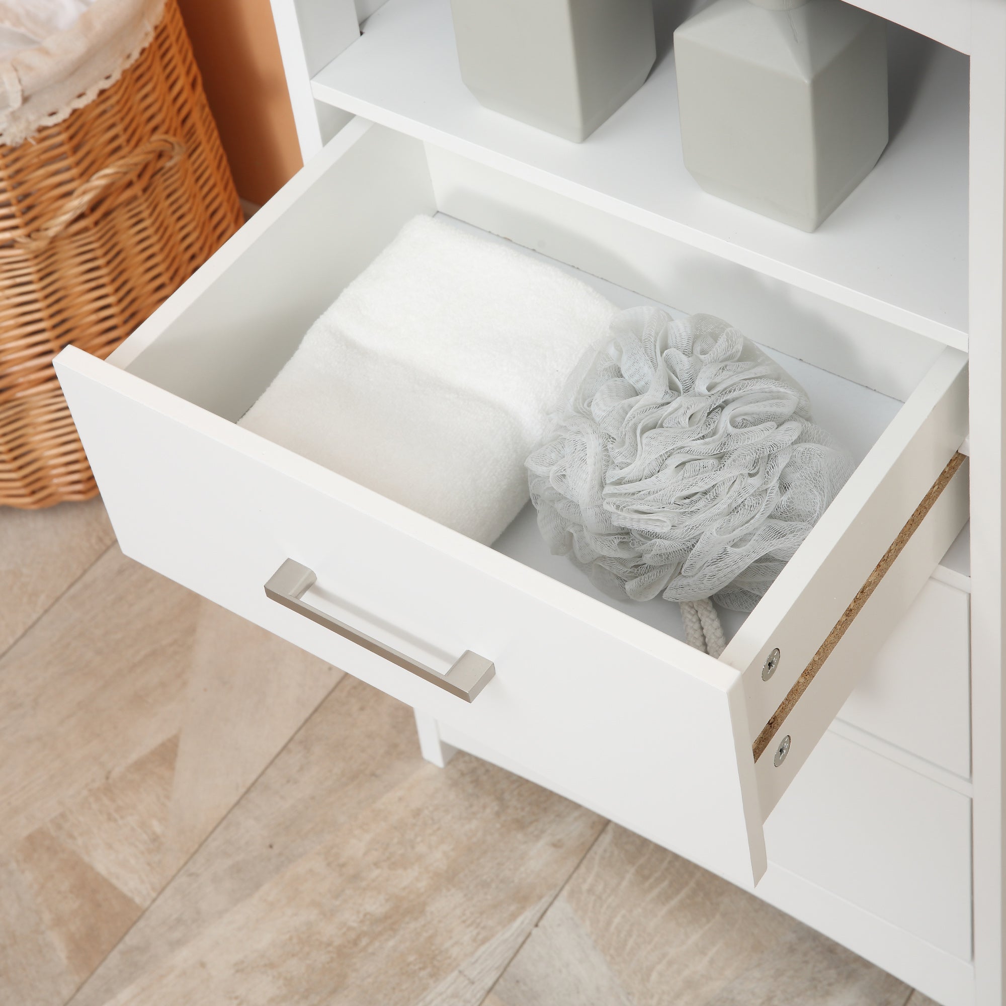 EasyComfort Mobiletto Bagno con Scaffale Aperto e 3 Cassetti in MDF, 40x33x80cm, Bianco