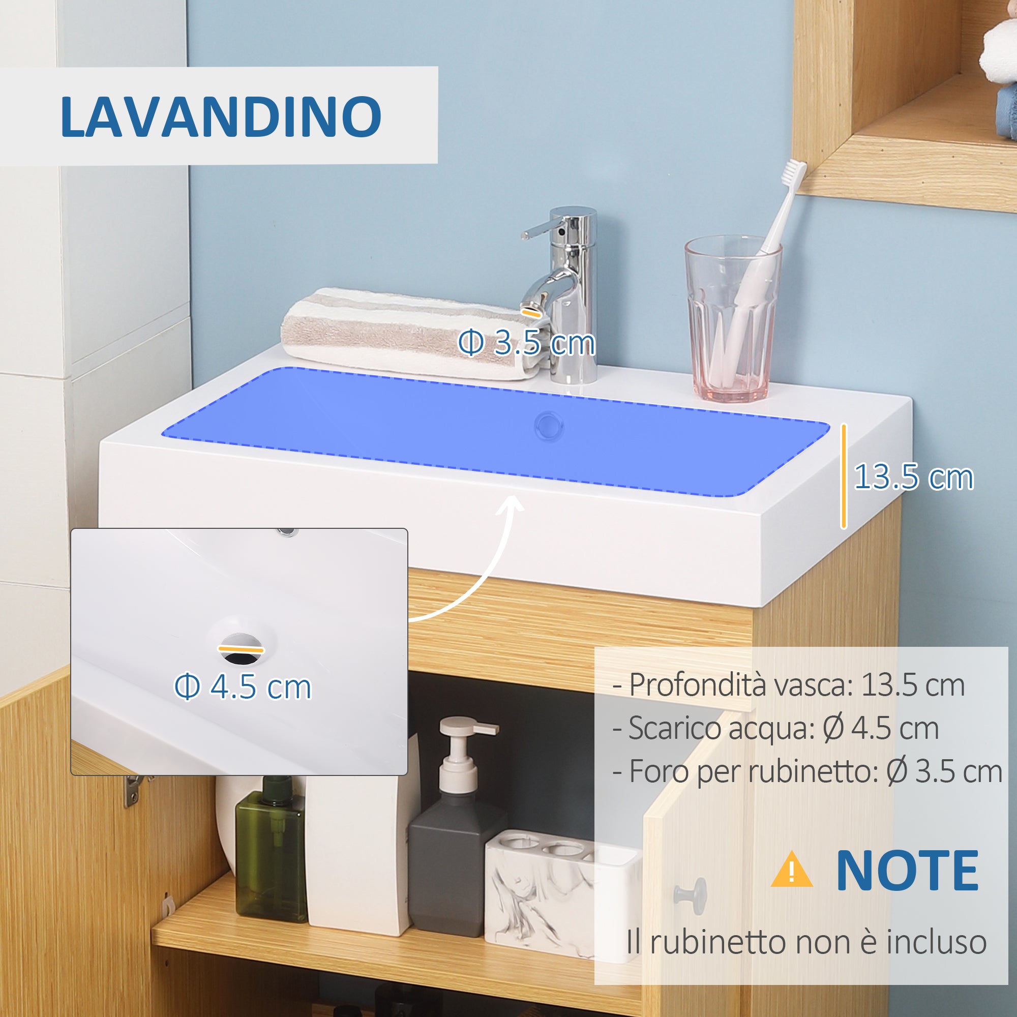 EASYCOMFORT  Mobile Bagno sotto Lavabo in Truciolato con Ripiani Regolabili e Lavello Curvo, 60x41.5x88 cm