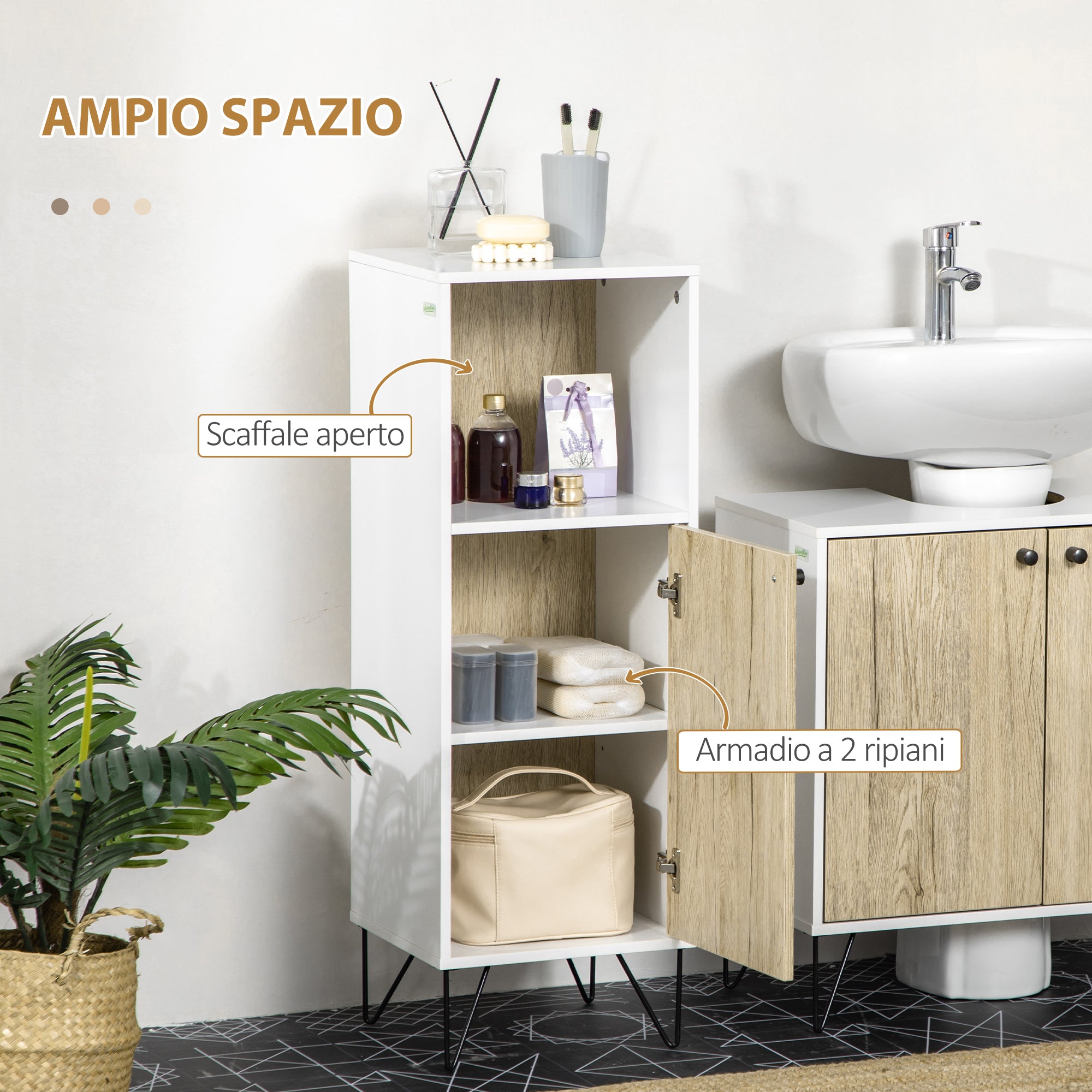 EasyComfort Mobile Bagno con Ripiano Aperto e Armadietto con Anta in Legno, 31.5x30x91cm, Quercia e Bianco