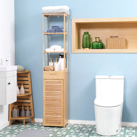 Easycomfort Mobile Bagno Alto in Bambù con 3 Ripiani Aperti, un Cassetto e un Armadietto, 32x30x163 cm, color Legno