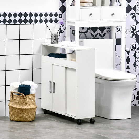 EASYCOMFORT  Mobiletto Bagno con Porte Scorrevoli, Ripiano Regolabile e 4 Ruote in Truciolato e Lega di Alluminio, 70x20x71cm, Bianco