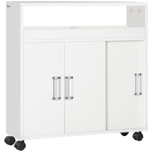 EASYCOMFORT  Mobiletto Bagno con Porte Scorrevoli, Ripiano Regolabile e 4 Ruote in Truciolato e Lega di Alluminio, 70x20x71cm, Bianco