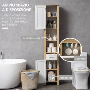 EASYCOMFORT  Mobile Bagno Alto in Truciolato con un Cassetto, 2 Armadietti e 2 Ripiani Aperti Regolabili, 37x30x184 cm