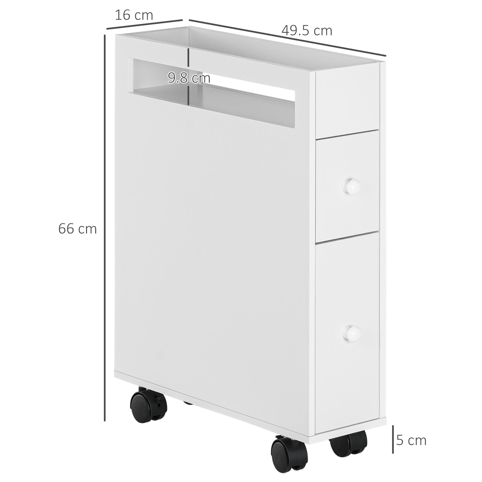 Easycomfort Mobiletto Salvaspazio Bagno con 4 Ruote, 2 Cassetti e Ripiano aperto, 16x49.5x66cm, Bianco