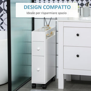 Easycomfort Mobiletto Salvaspazio Bagno con 4 Ruote, 2 Cassetti e Ripiano aperto, 16x49.5x66cm, Bianco