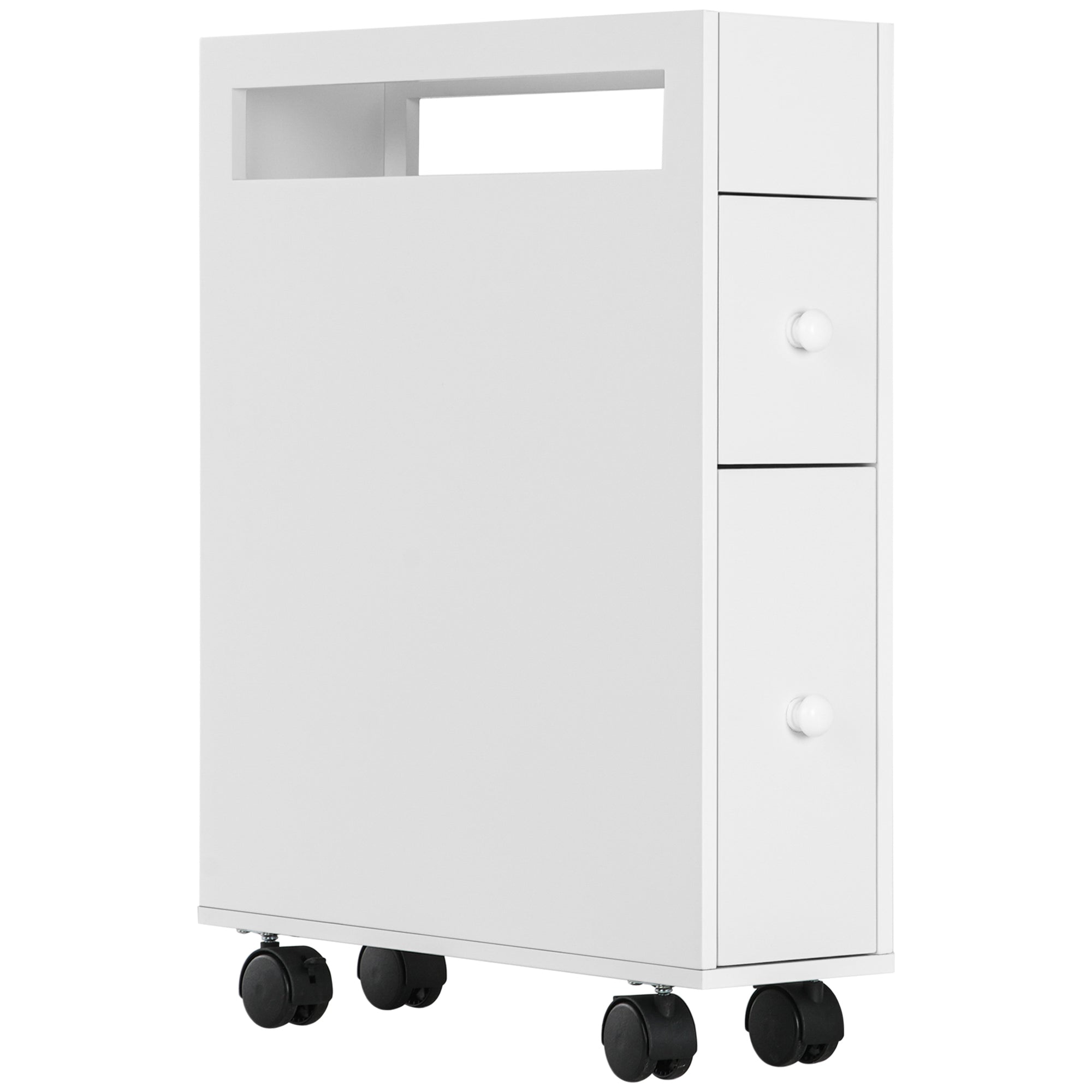 Easycomfort Mobiletto Salvaspazio Bagno con 4 Ruote, 2 Cassetti e Ripiano aperto, 16x49.5x66cm, Bianco