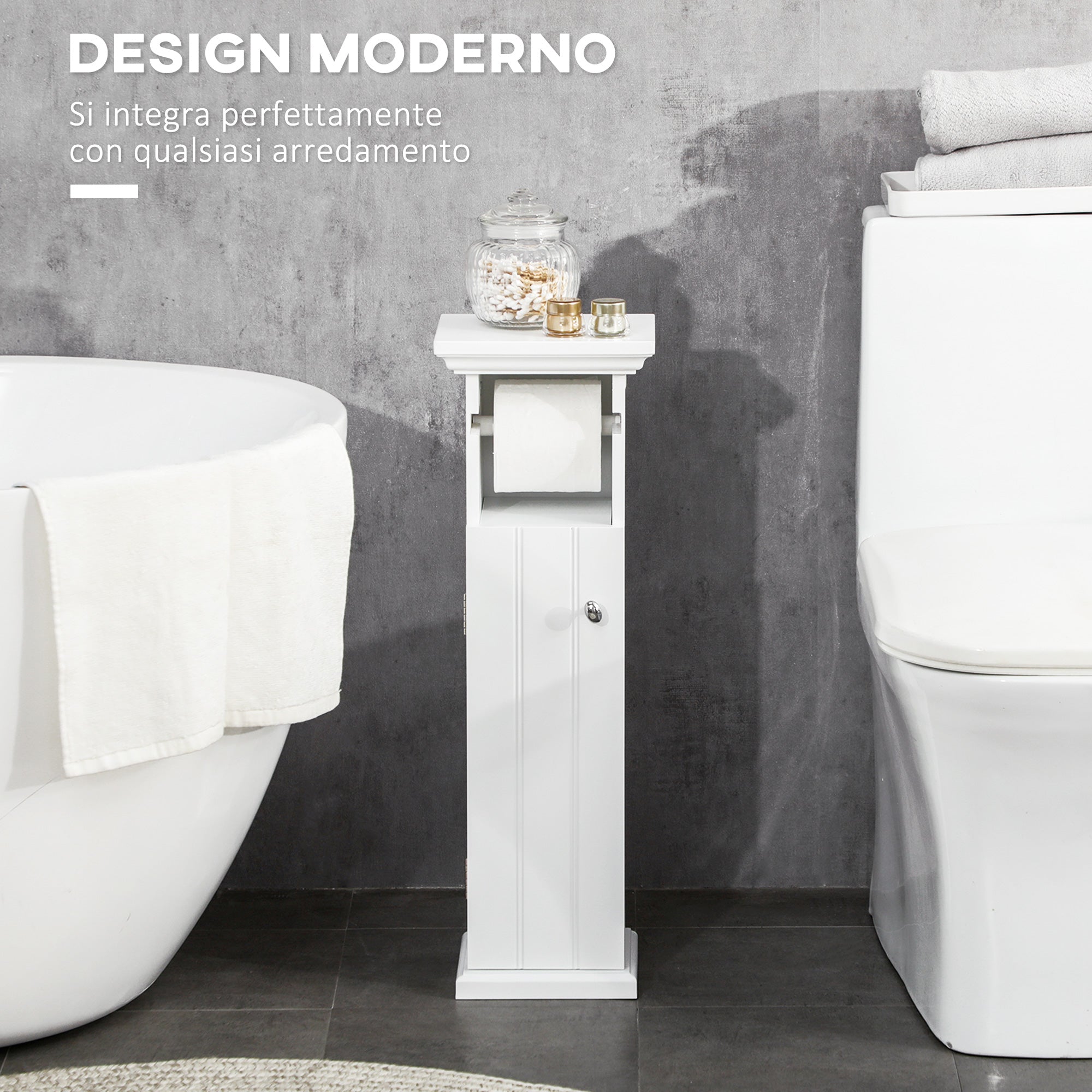 EasyComfort Mobile Bagno con Porta Carta Igienica e Armadietto in Legno MDF, 21.5x17.8x66.5cm, Bianco