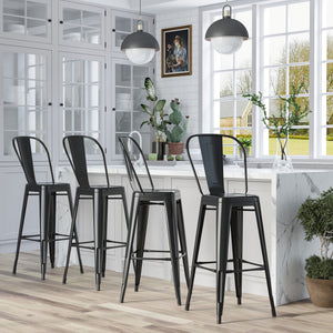 EasyComfort Set 4 Sgabelli da Bar Impilabile Sedie Alti da Cucina, in Metallo con Schienale Rimovibile, Design Industriale con Poggiapiedi, 44x49x116cm, Nero