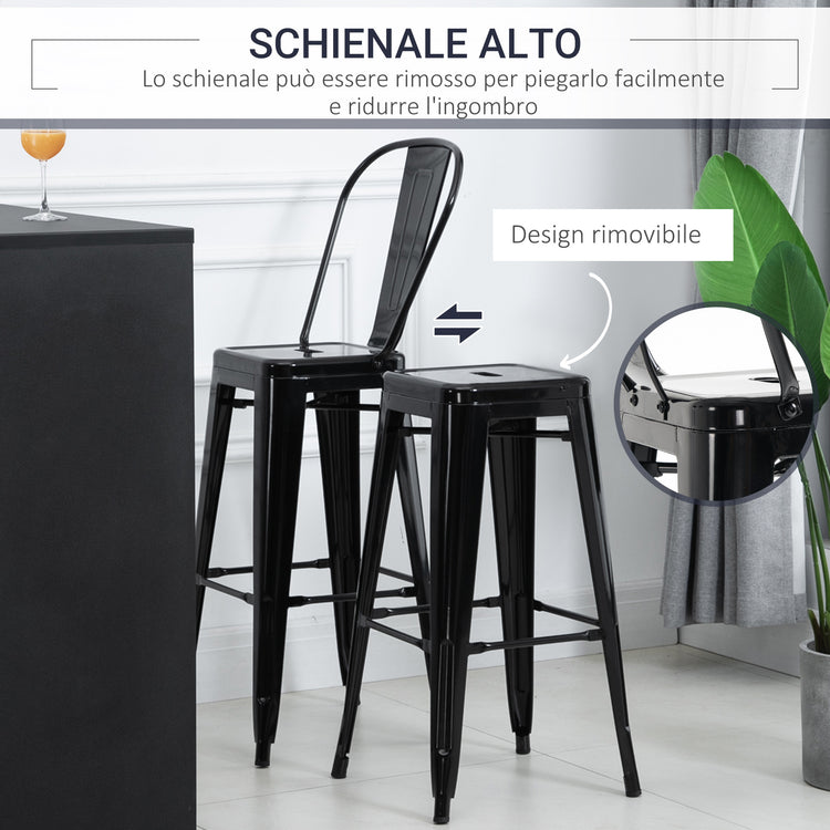 EasyComfort Set 4 Sgabelli da Bar Impilabile Sedie Alti da Cucina, in Metallo con Schienale Rimovibile, Design Industriale con Poggiapiedi, 44x49x116cm, Nero