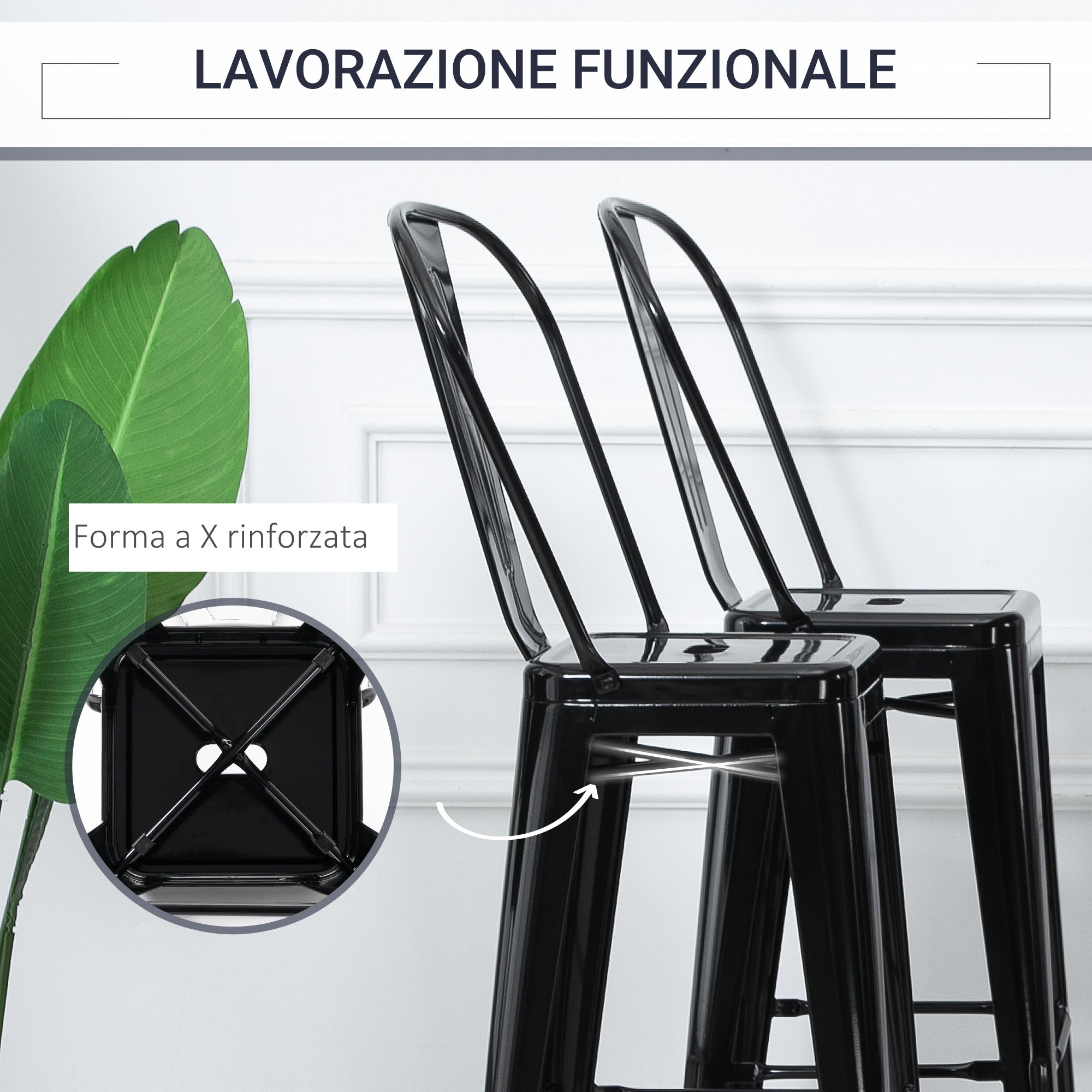 EasyComfort Set 4 Sgabelli da Bar Impilabile Sedie Alti da Cucina, in Metallo con Schienale Rimovibile, Design Industriale con Poggiapiedi, 44x49x116cm, Nero