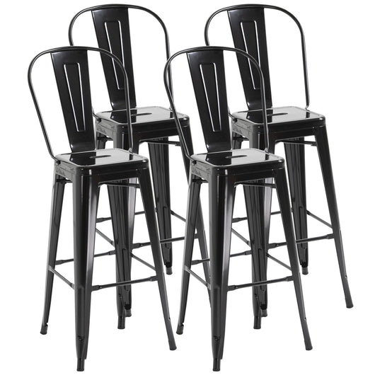 EasyComfort Set 4 Sgabelli da Bar Impilabile Sedie Alti da Cucina, in Metallo con Schienale Rimovibile, Design Industriale con Poggiapiedi, 44x49x116cm, Nero