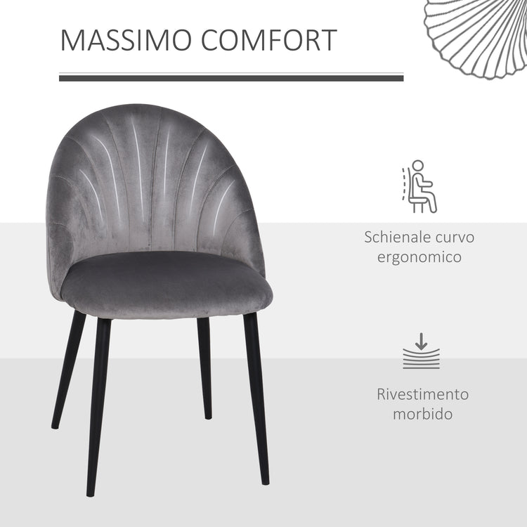 EasyComfort Set 2 Sedie Sala da Pranzo e Soggiorno Imbottite, Design Nordico ed Ergonomico in Metallo e Velluto, 52x54x79 cm, Grigio