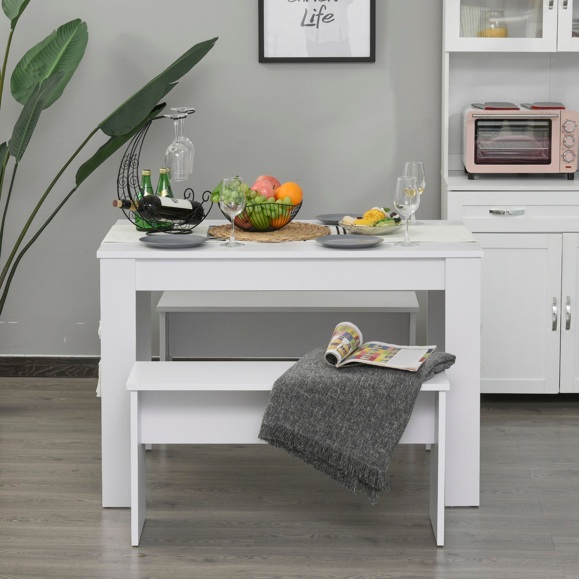 EASYCOMFORT  Set da Pranzo Tavolino con 2 Panche in Stile Moderno Bianco 110 x 70 x 75cm