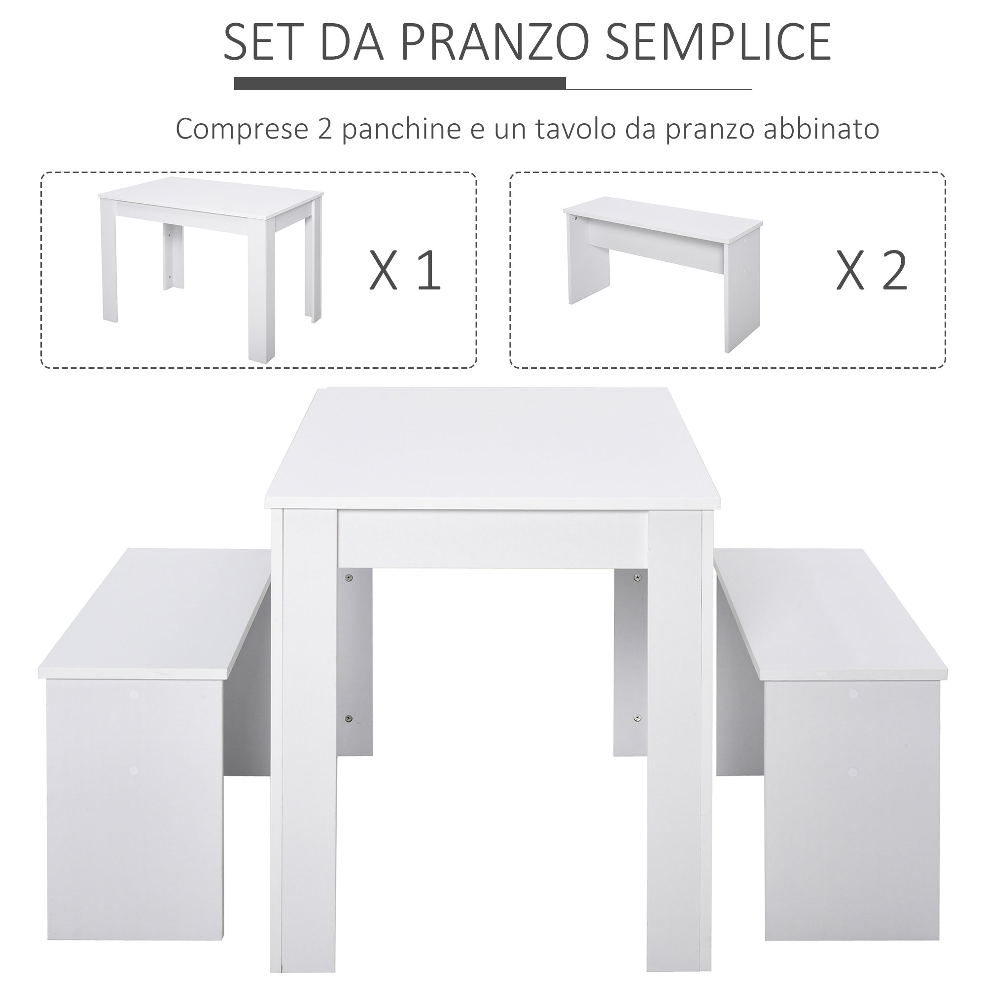 EASYCOMFORT  Set da Pranzo Tavolino con 2 Panche in Stile Moderno Bianco 110 x 70 x 75cm