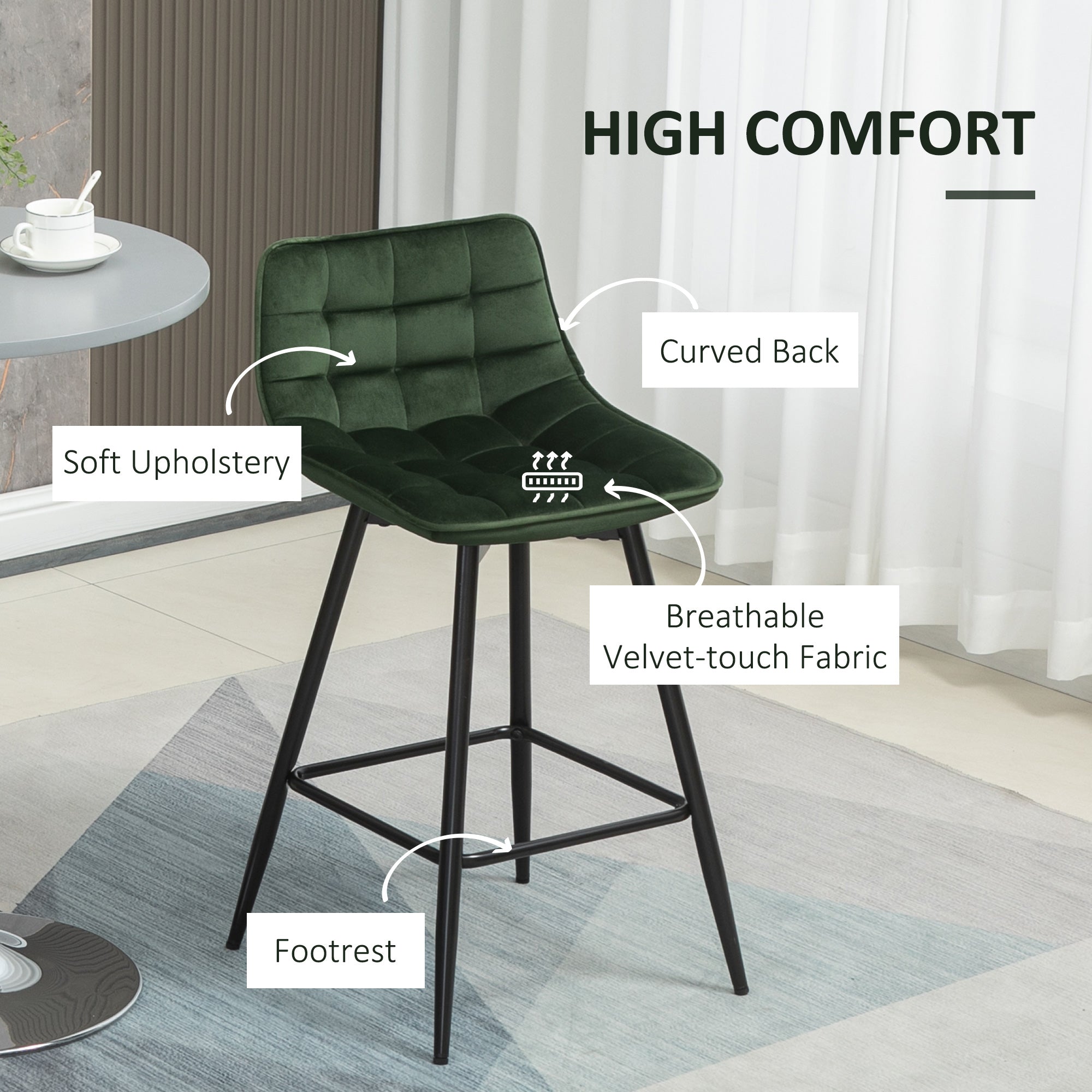 EASYCOMFORT  Set 2 Sgabelli da Bar con Schienale e Poggiapiedi Stile Nordico in Metallo e Velluto, Verde, 45x47x88cm