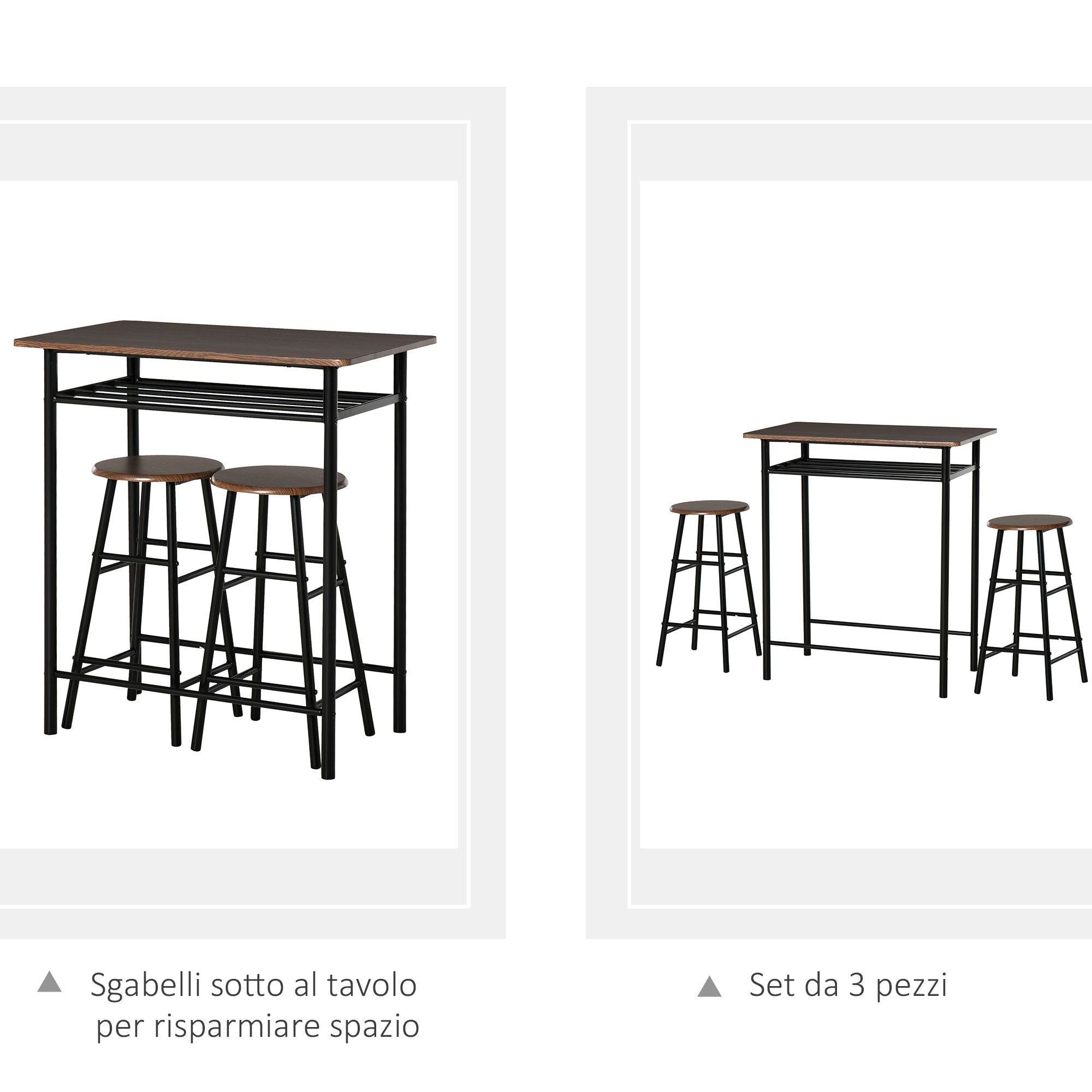 Set Tavolo Alto 80x50x90 cm e 2 Sgabelli  Nero e Quercia