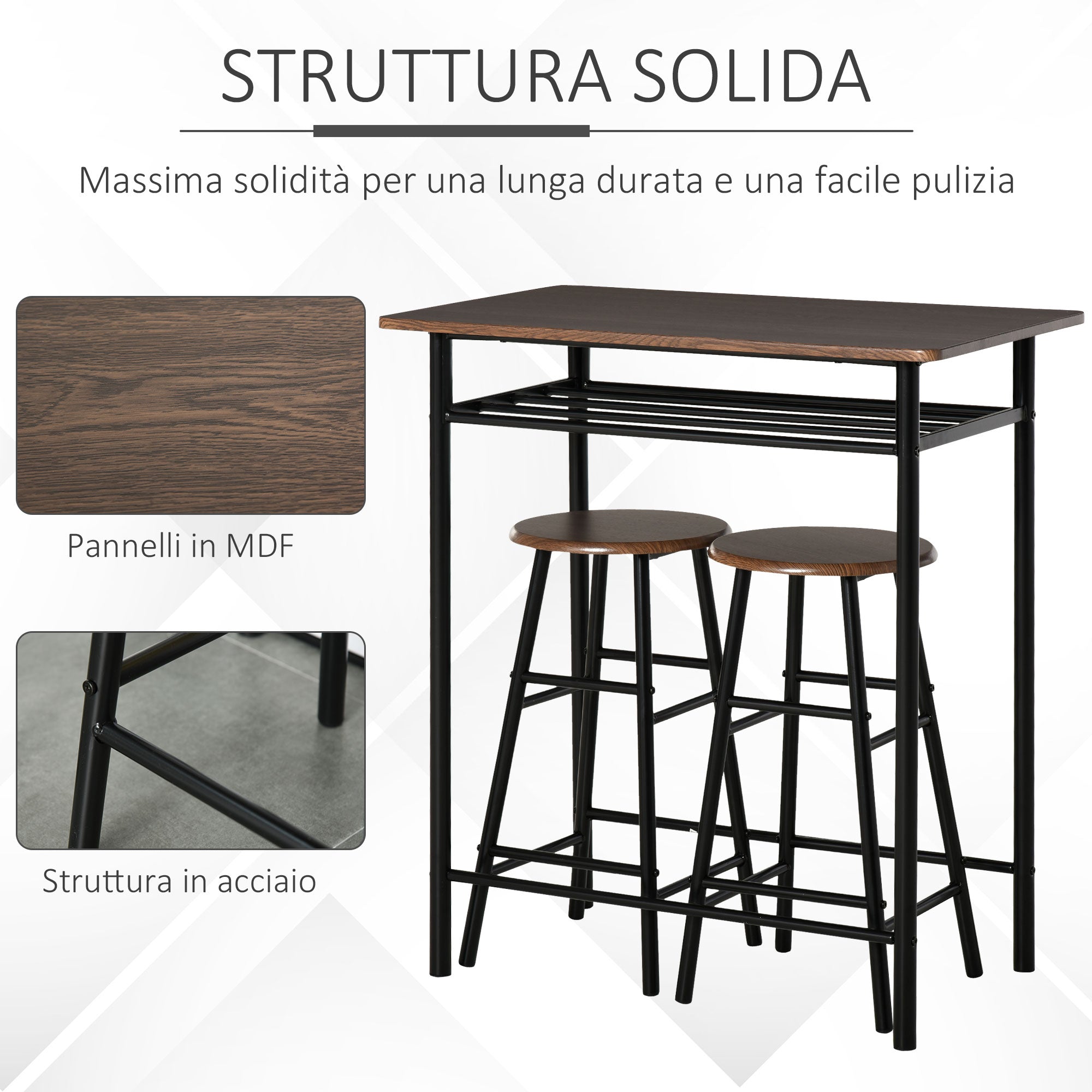 Set Tavolo Alto 80x50x90 cm e 2 Sgabelli  Nero e Quercia