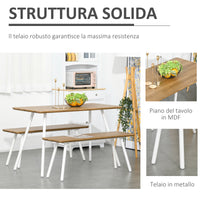 EASYCOMFORT  Set Tavolo da Pranzo con 2 Panche in Stile Nordico in MDF e Metallo, Bianco