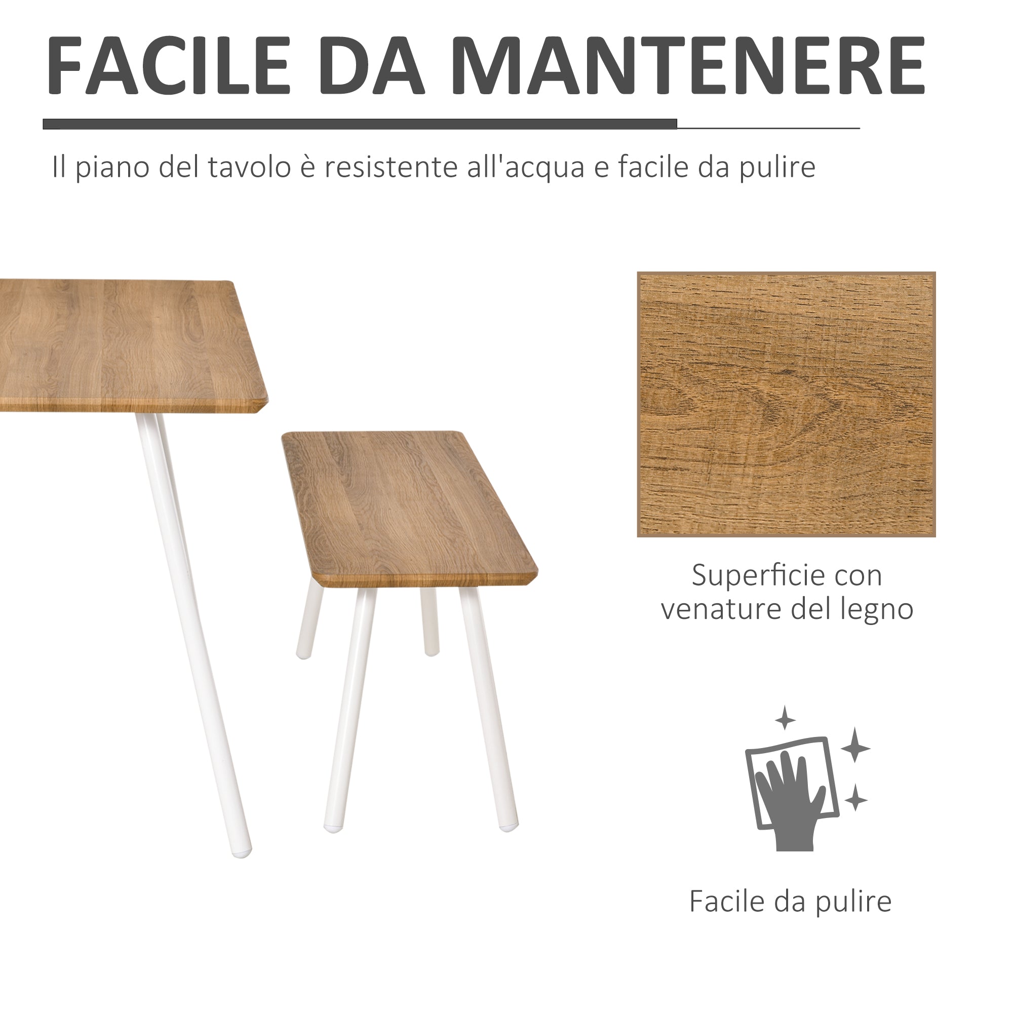 EASYCOMFORT  Set Tavolo da Pranzo con 2 Panche in Stile Nordico in MDF e Metallo, Bianco