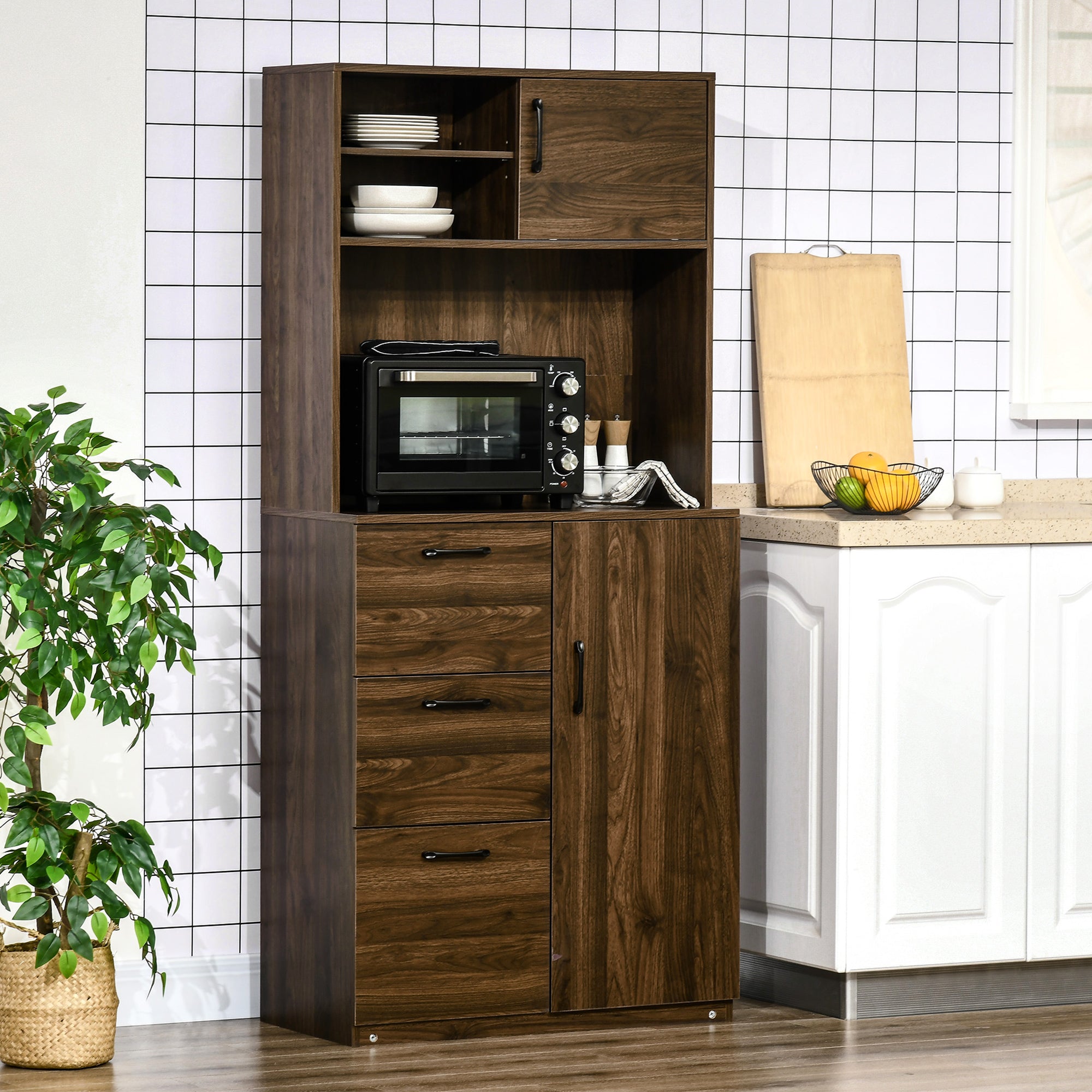 EASYCOMFORT  Credenza Moderna con 3 Cassetti e Armadietti, Mobile Dispensa per Cucina e Soggiorno in Legno, 80x40x178cm, Noce