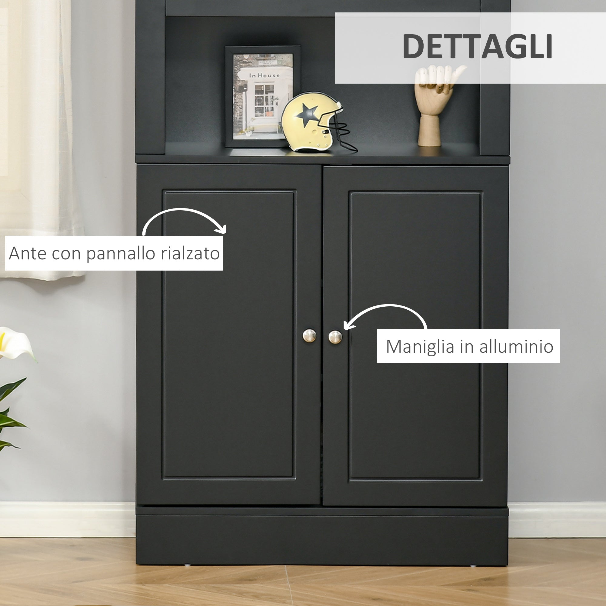 Credenza Alta 2 Ante 3 Ripiani 74,6x35,5x182,5cm in Legno Nero