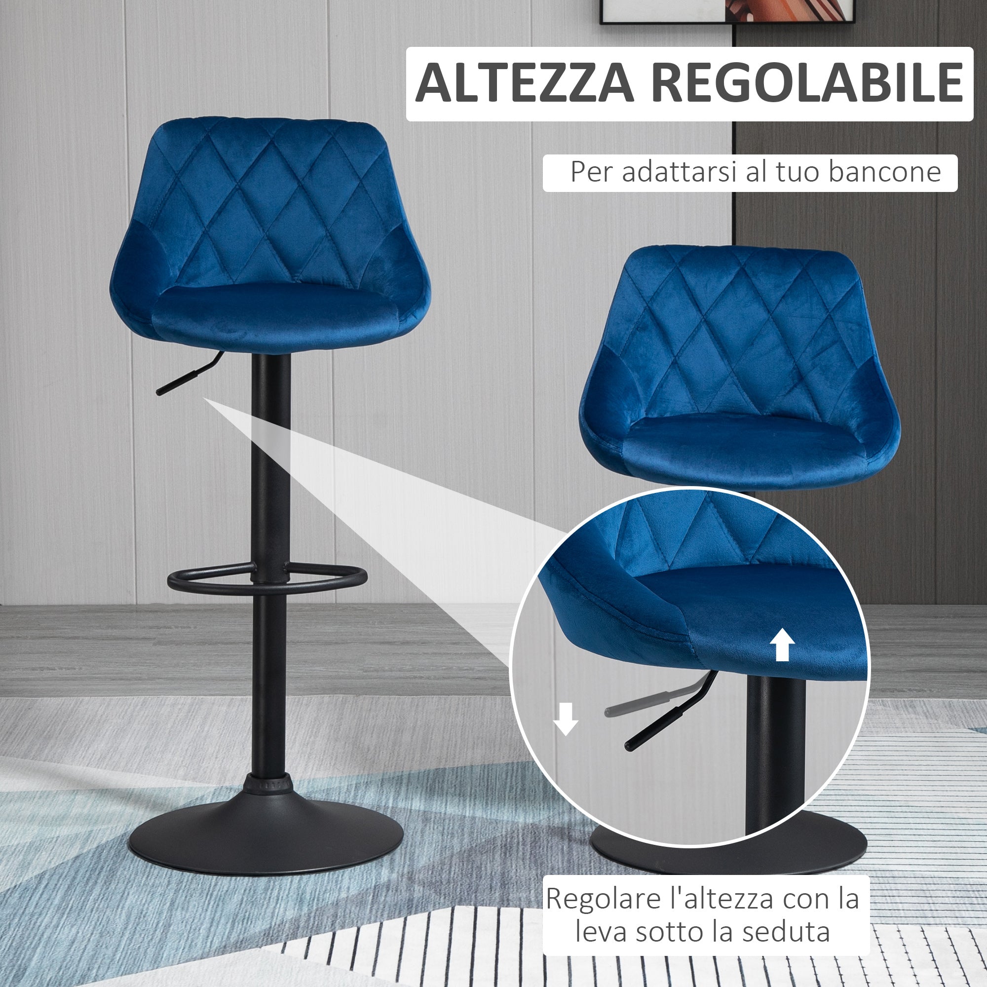 Set 2 Sgabelli da Bar 51,5x48x83-104 cm in Tessuto Effetto Velluto Blu